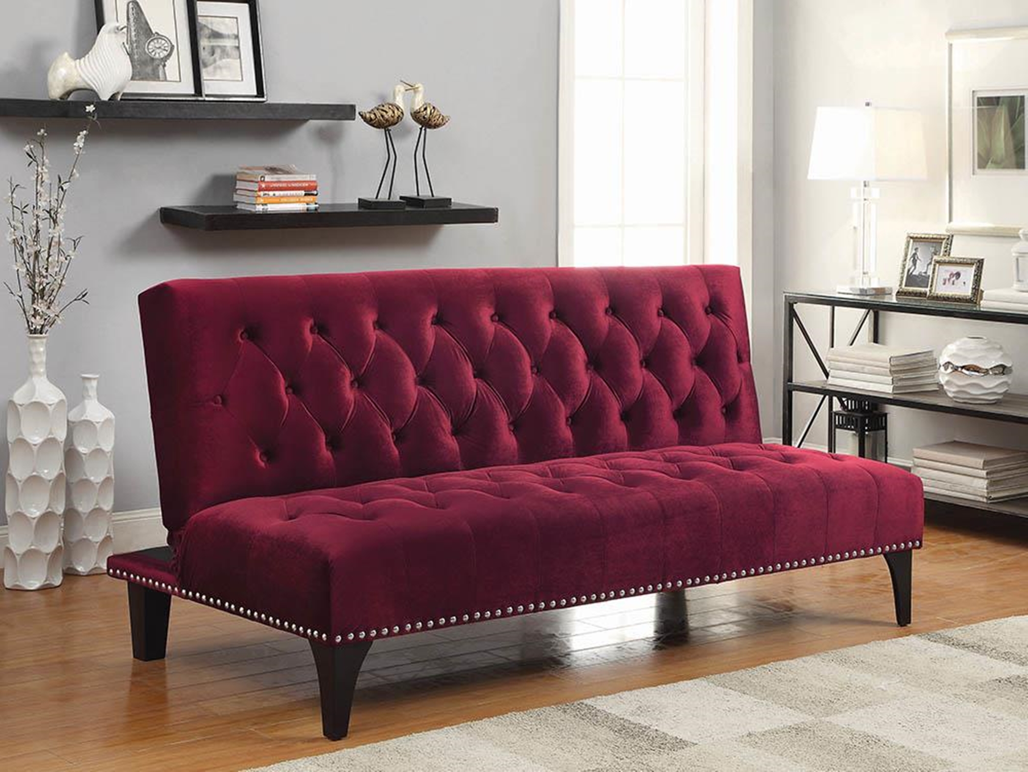 Burgundy Velvet Sofa Bed - Click Image to Close
