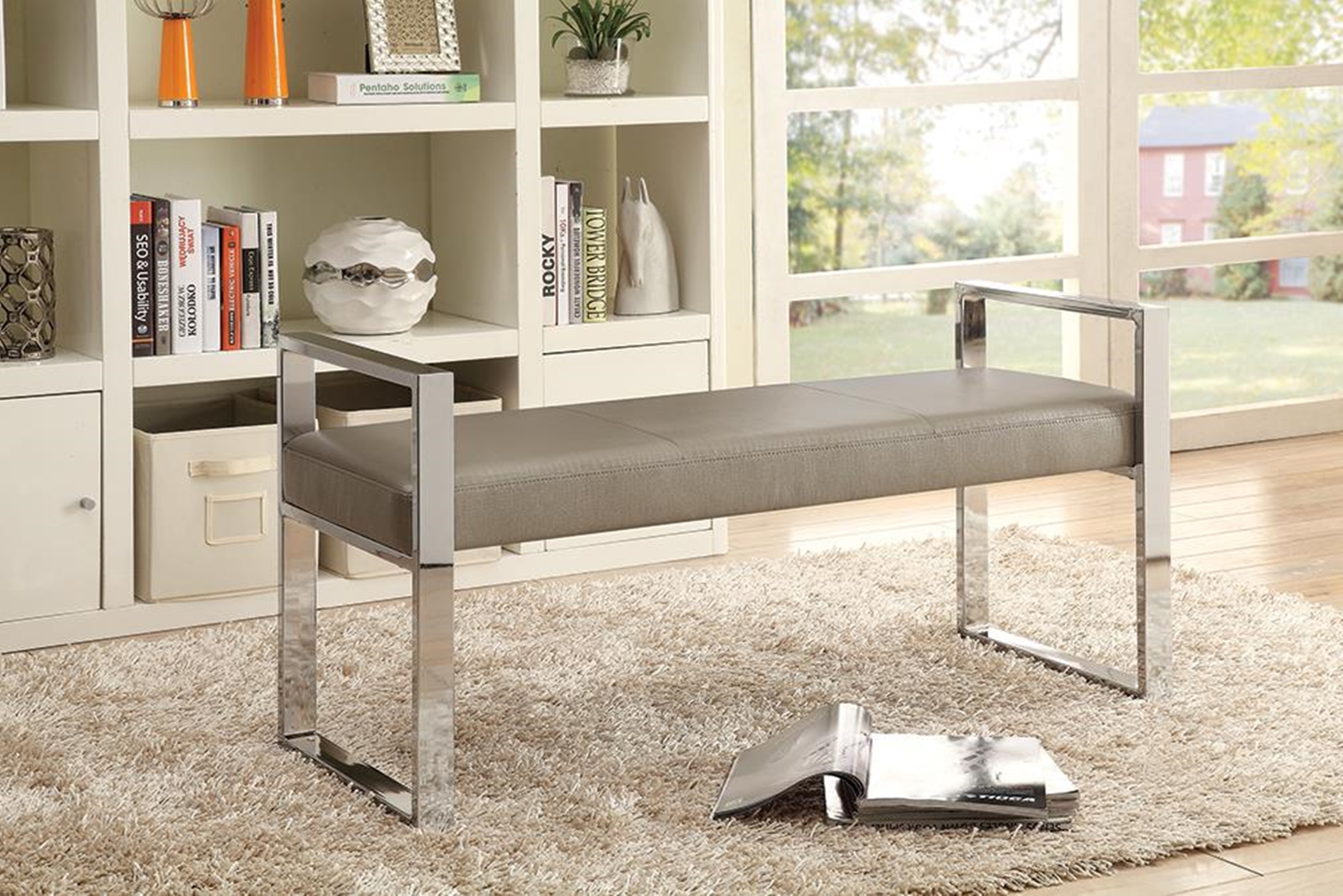 Contemporary Chrome and Champagne Bench - Click Image to Close