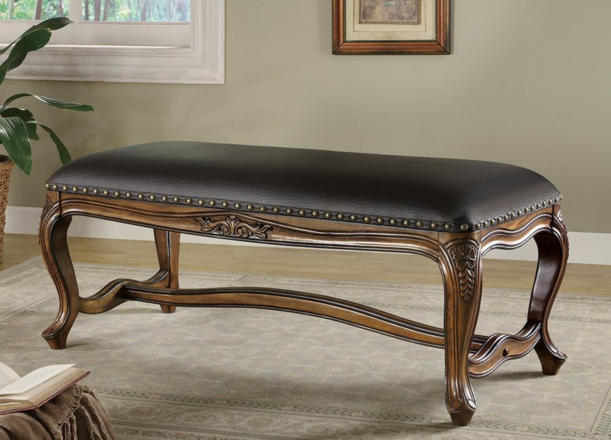 Black Faux Leather Accent Bench - Click Image to Close