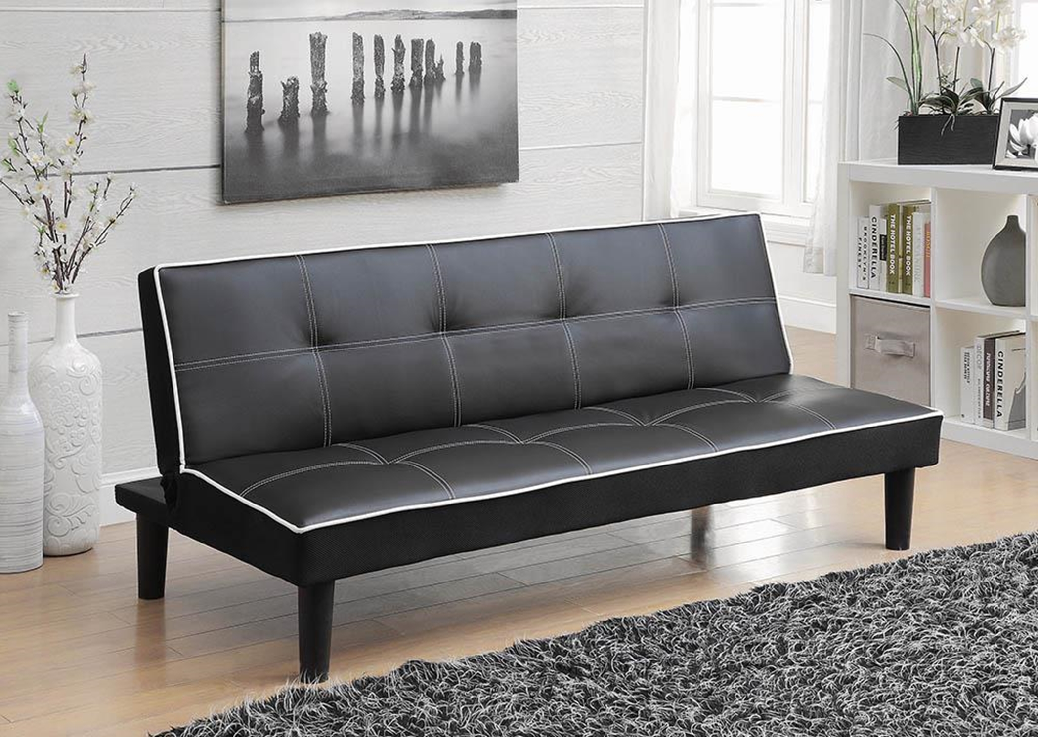 Contemporary Black Faux Leather Sofa Bed - Click Image to Close