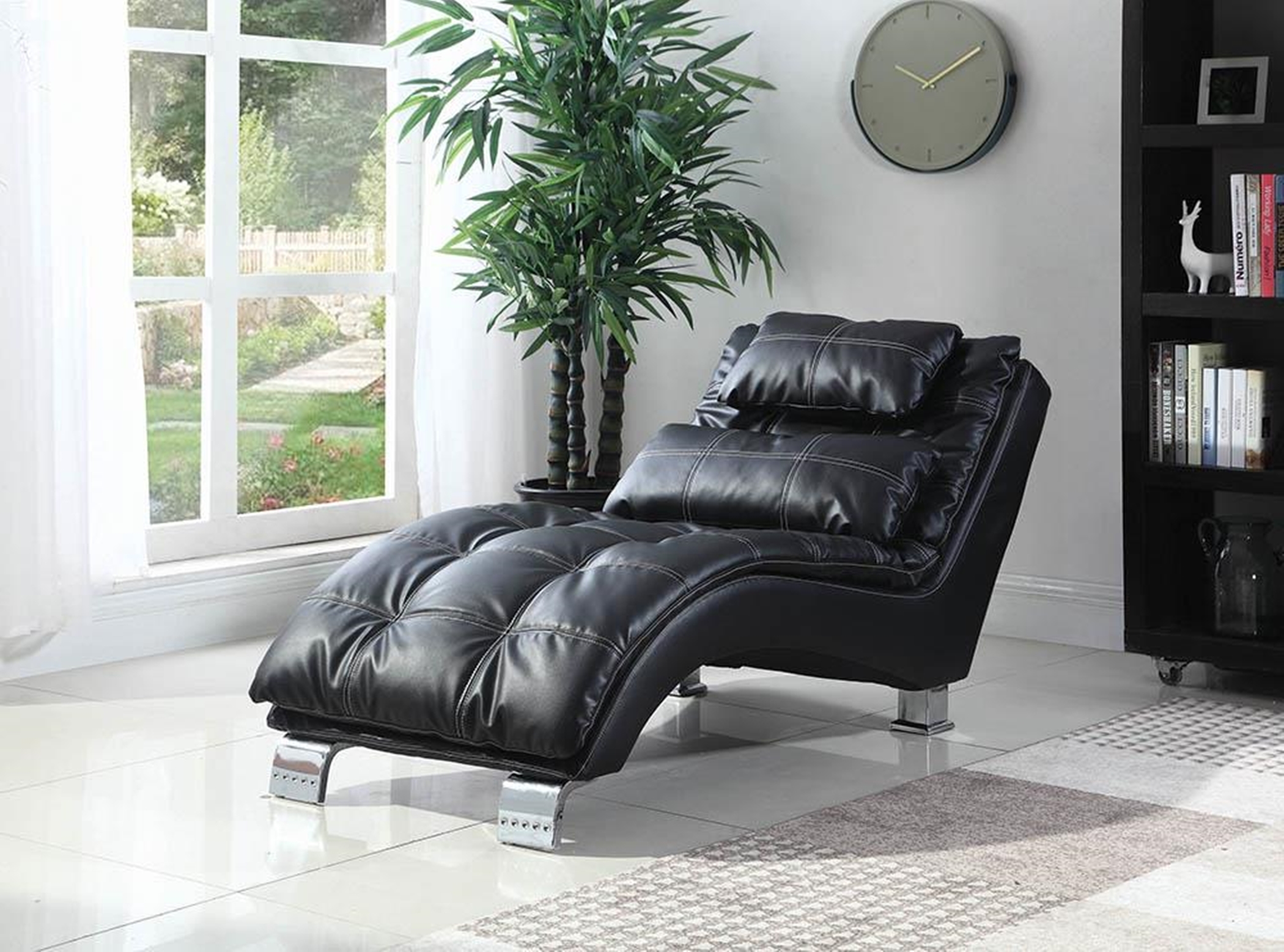 Contemporary Black Faux Leather Chaise - Click Image to Close