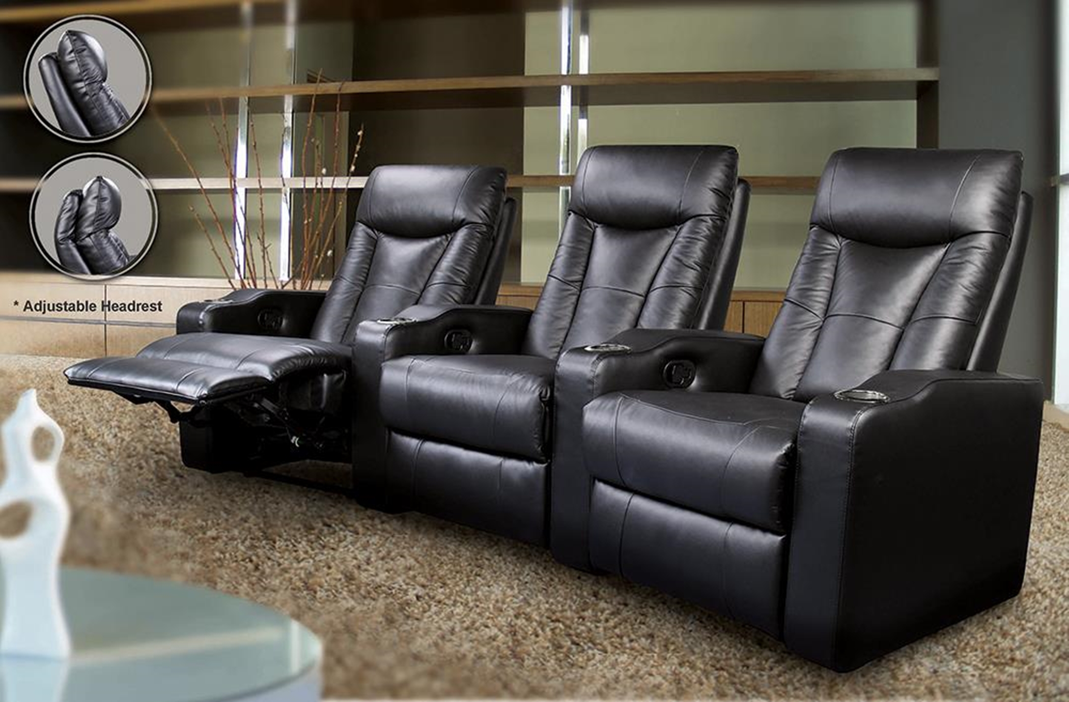 Pavillion Black Leather Three-Seated Recliner - Click Image to Close