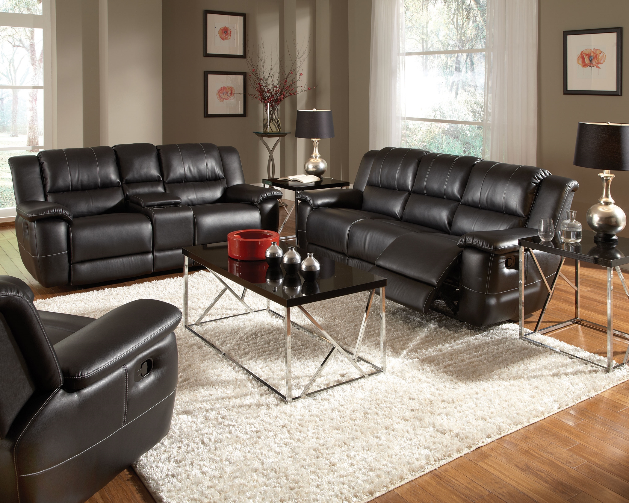 Lee Transitional Black Leather Reclining Sofa & Love - Click Image to Close
