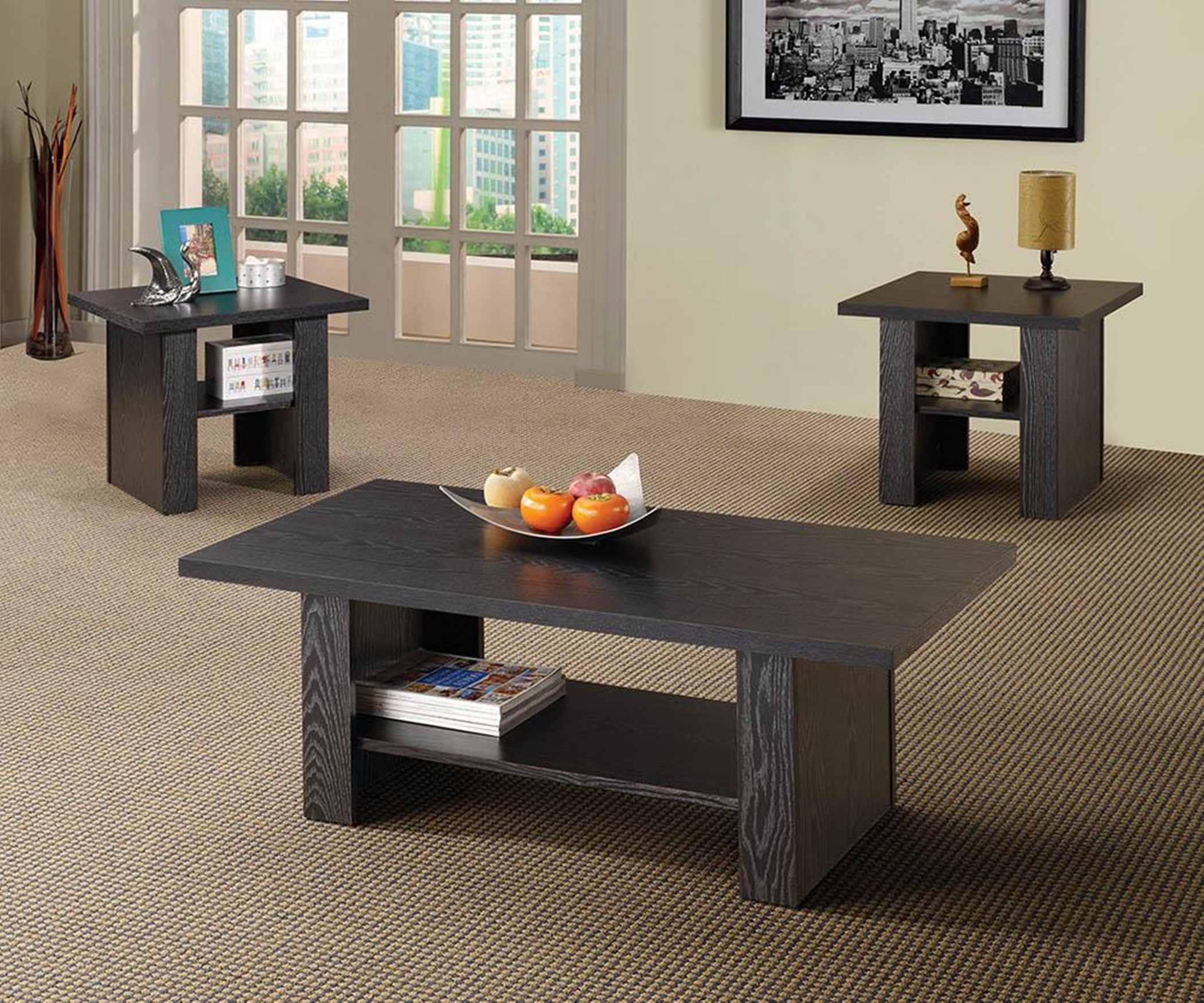 Contemporary Black Oak Three-Piece Table Set - Click Image to Close
