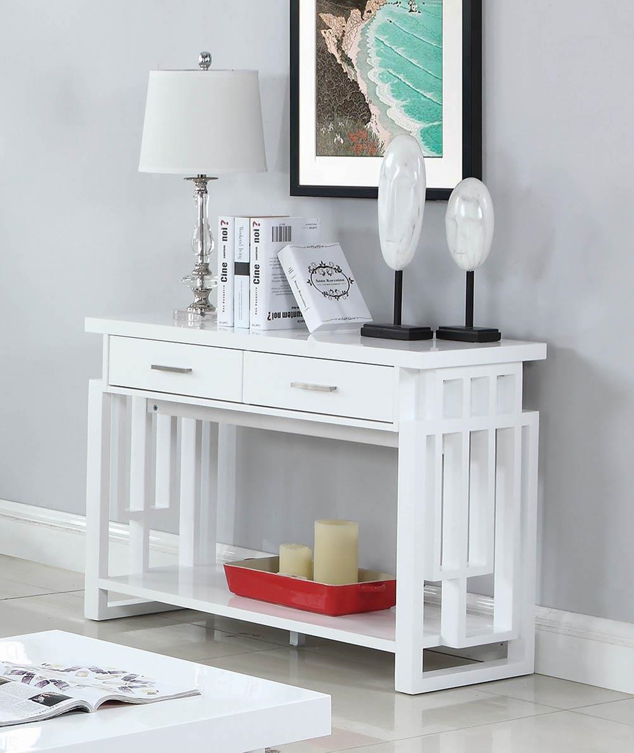 Transitional Glossy White Sofa Table - Click Image to Close
