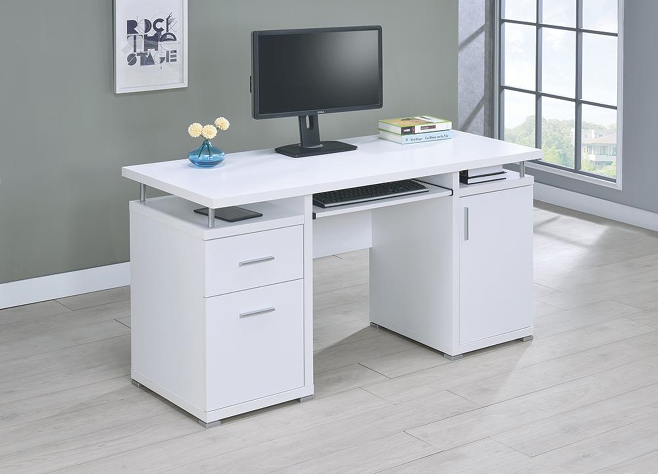 Contemporary White Computer Desk - Click Image to Close