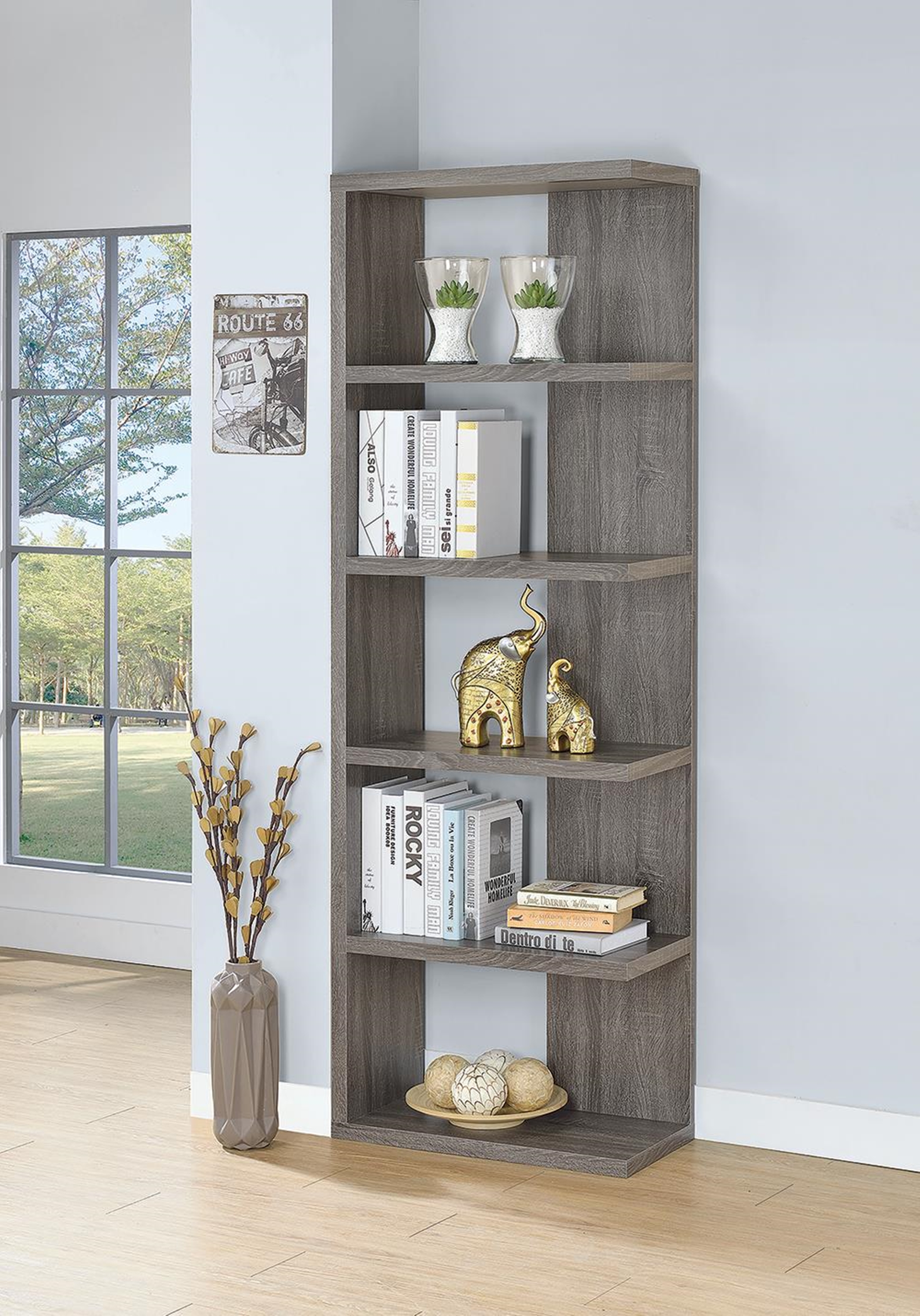 Contemporary Weathered Grey Five-Shelf Bookcase - Click Image to Close