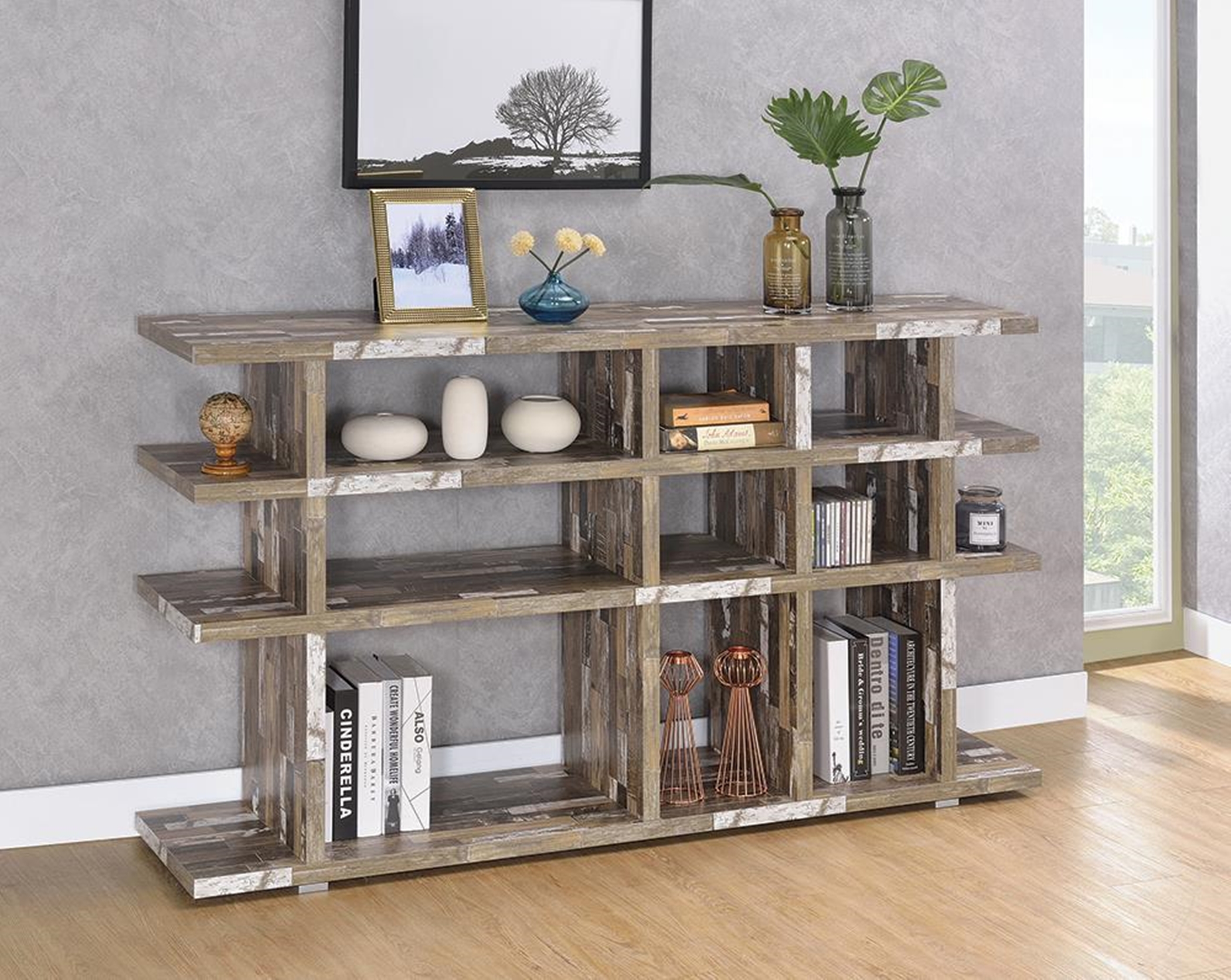 Rustic Salvaged Cabin Low-Profile Bookcase - Click Image to Close