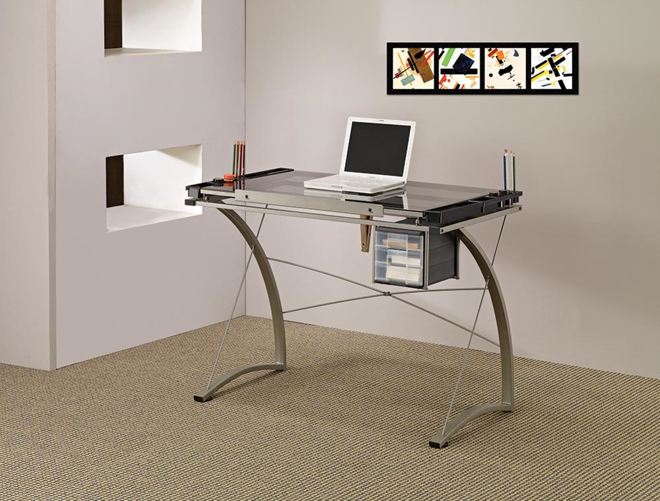 Contemporary Glass Top Drafting Desk - Click Image to Close