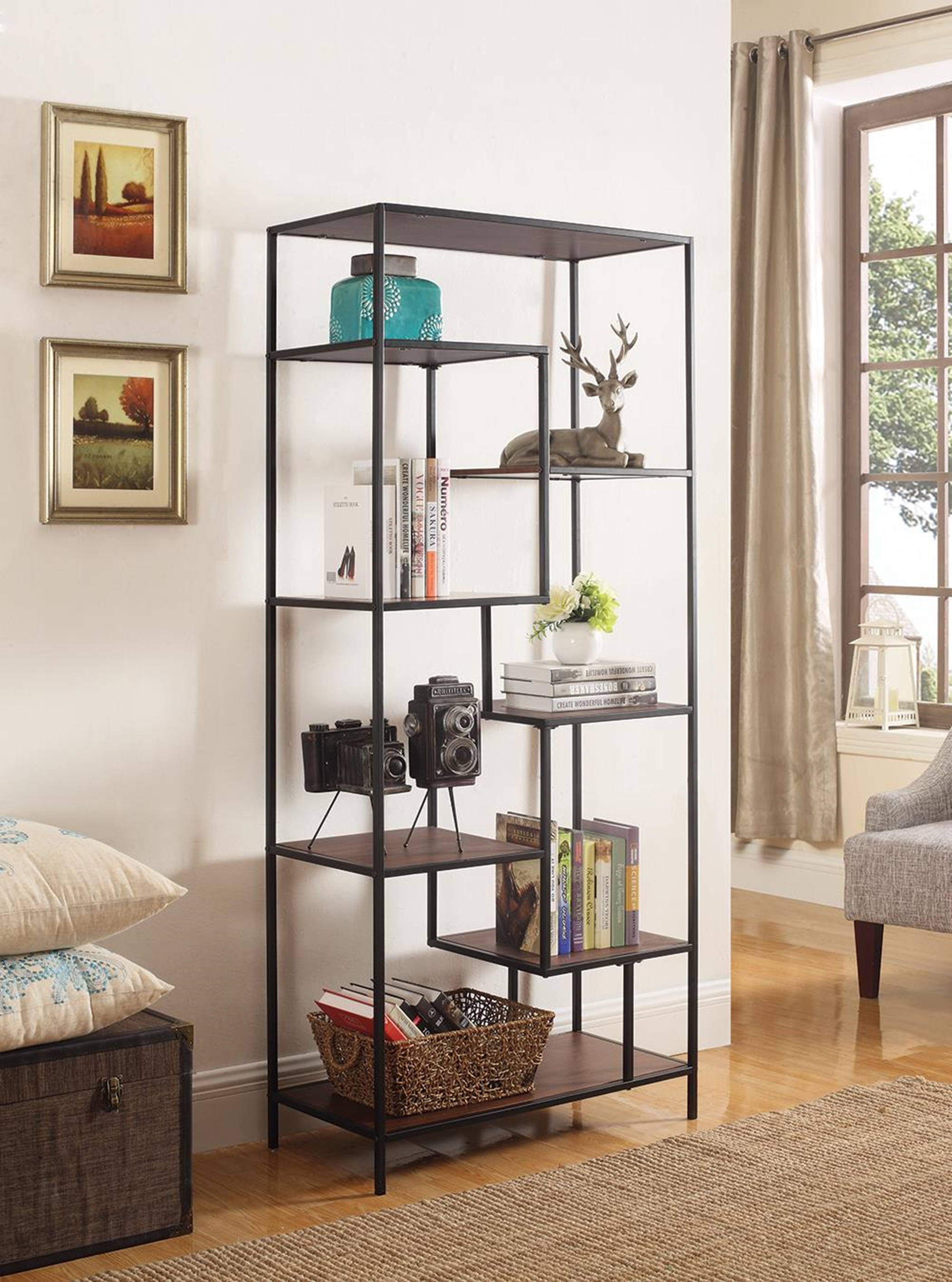 Industrial Walnut and Black Bookcase - Click Image to Close