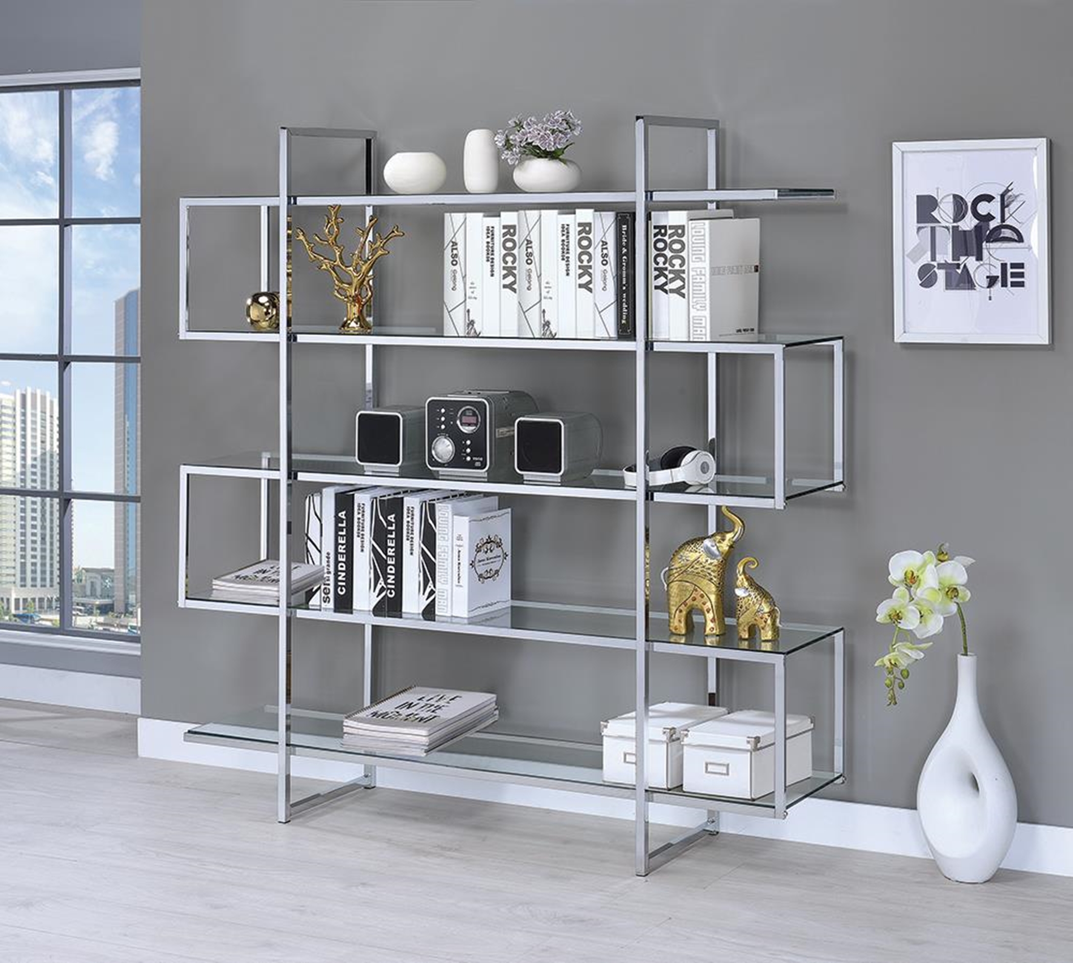 Contemporary Silver Metal and Glass Bookcase - Click Image to Close