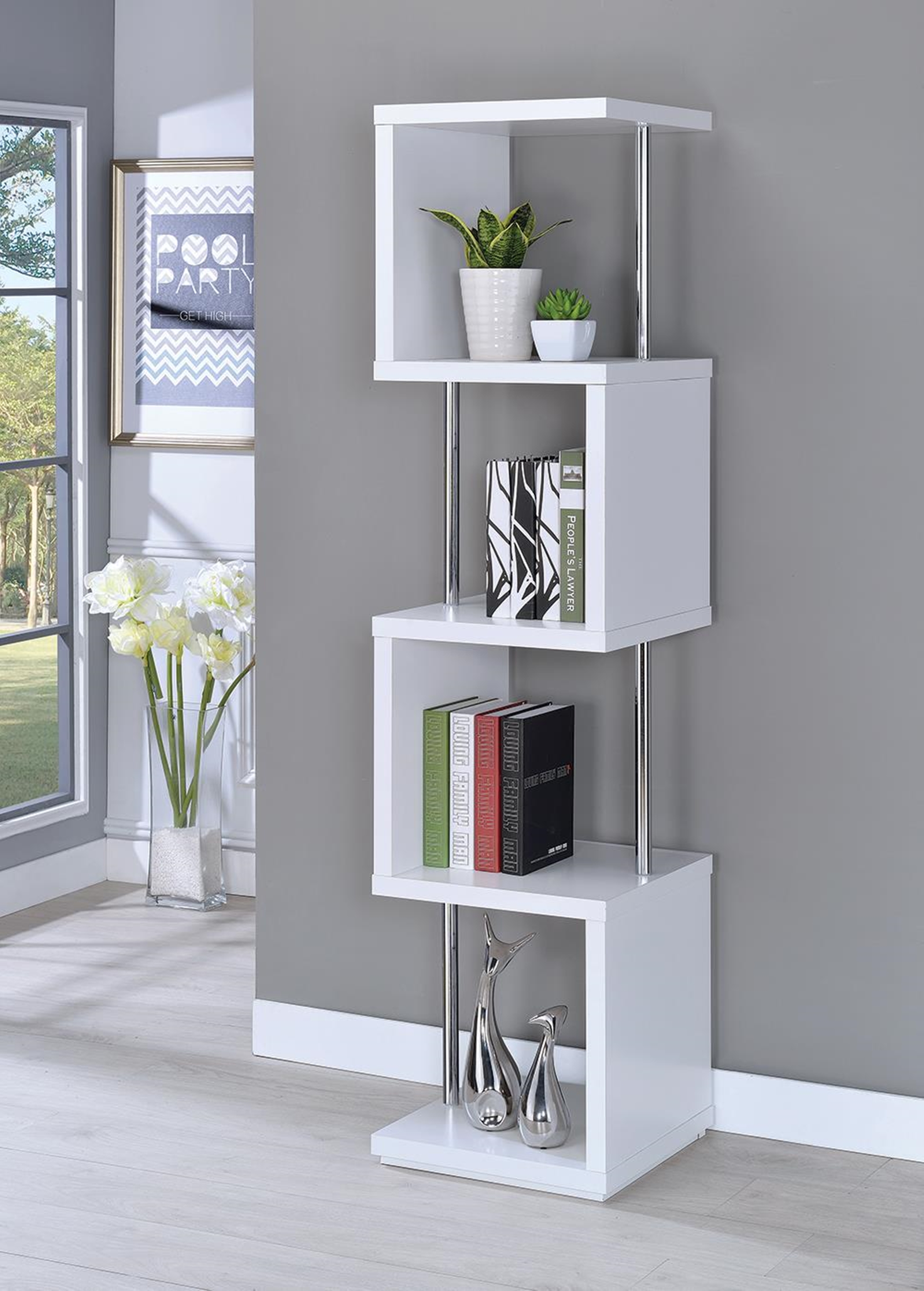 Modern White Four-Tier Bookcase - Click Image to Close