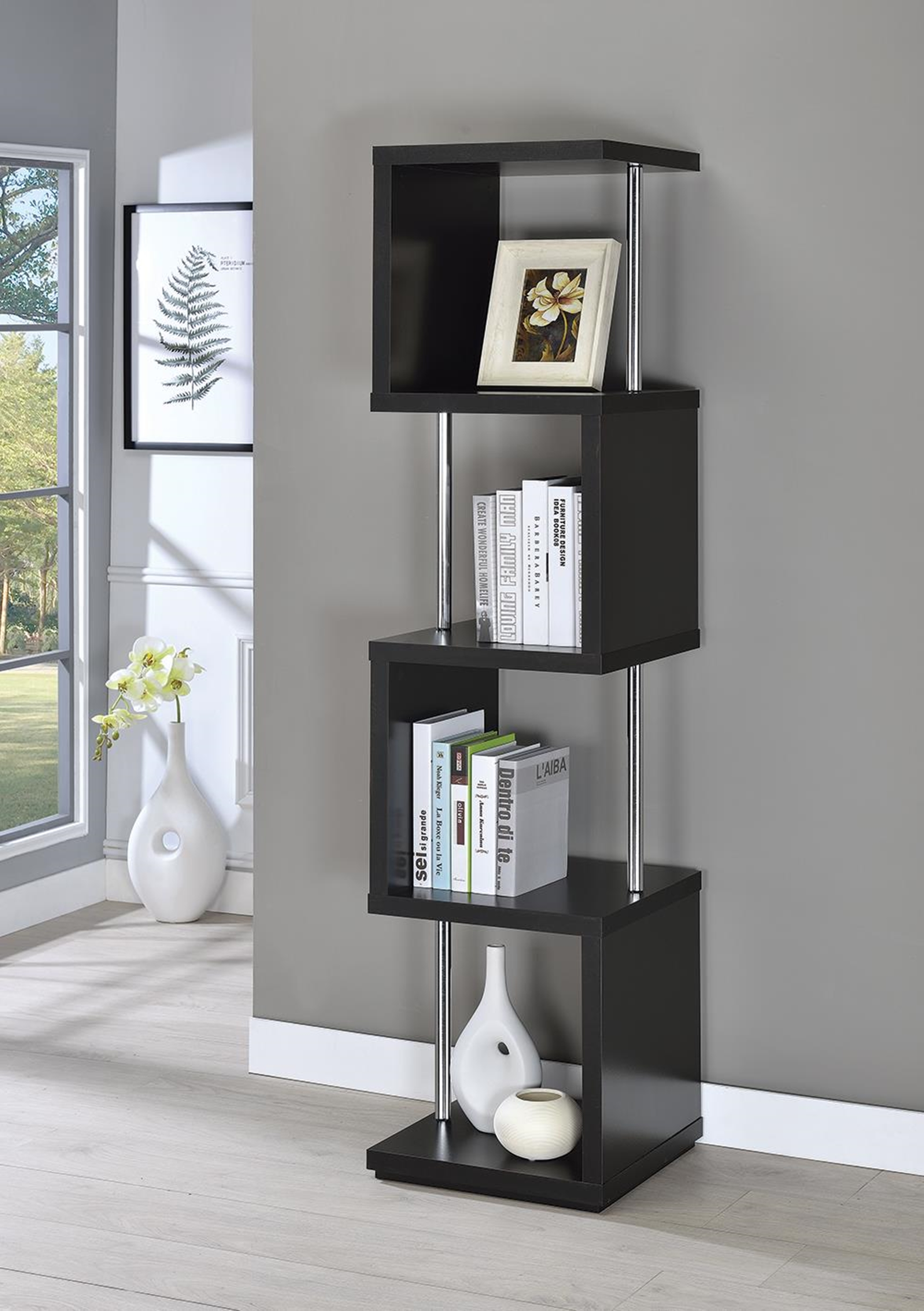 Modern Black Four-Tier Bookcase - Click Image to Close