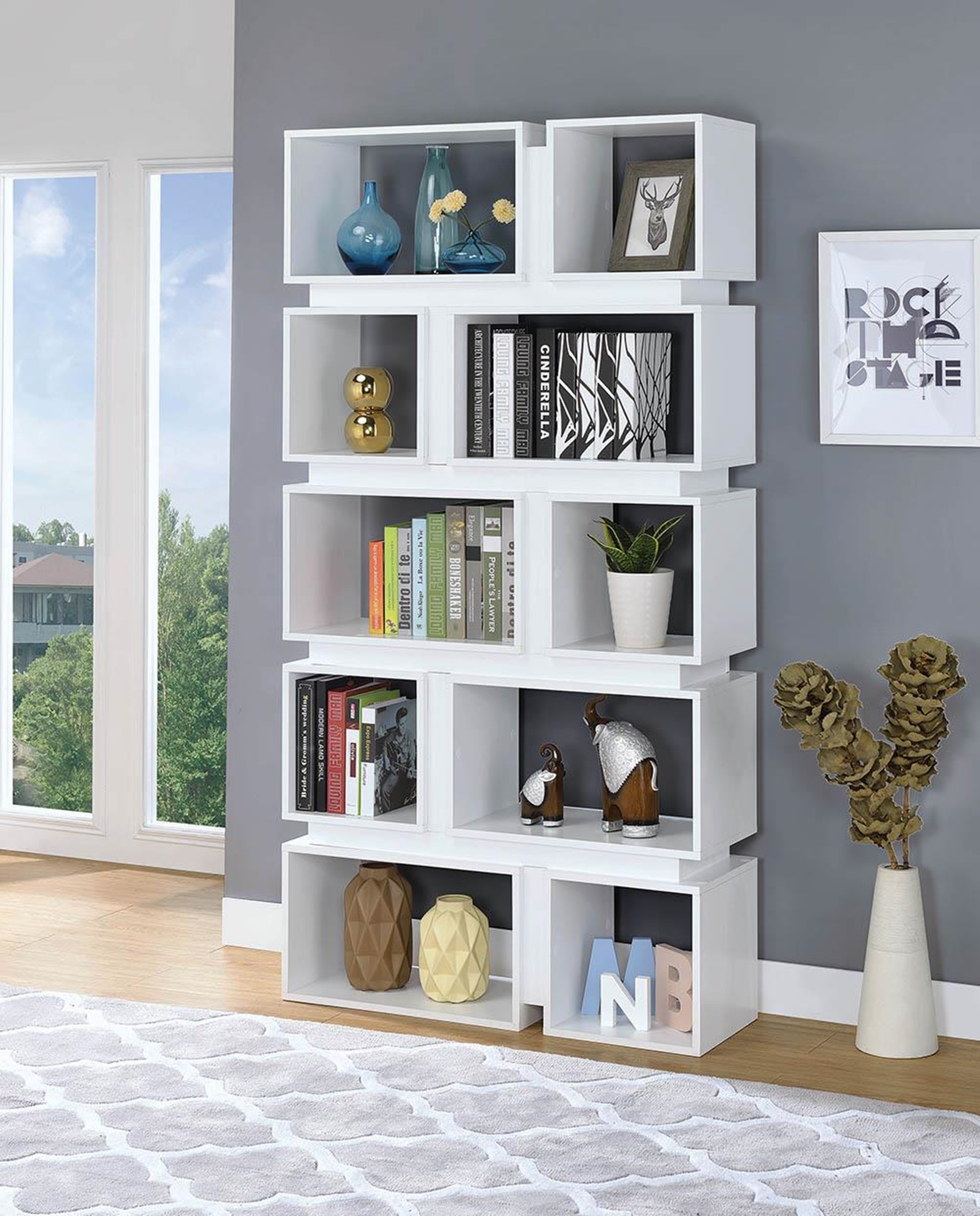 Contemporary White Ten-Shelf Geometric Bookcase - Click Image to Close