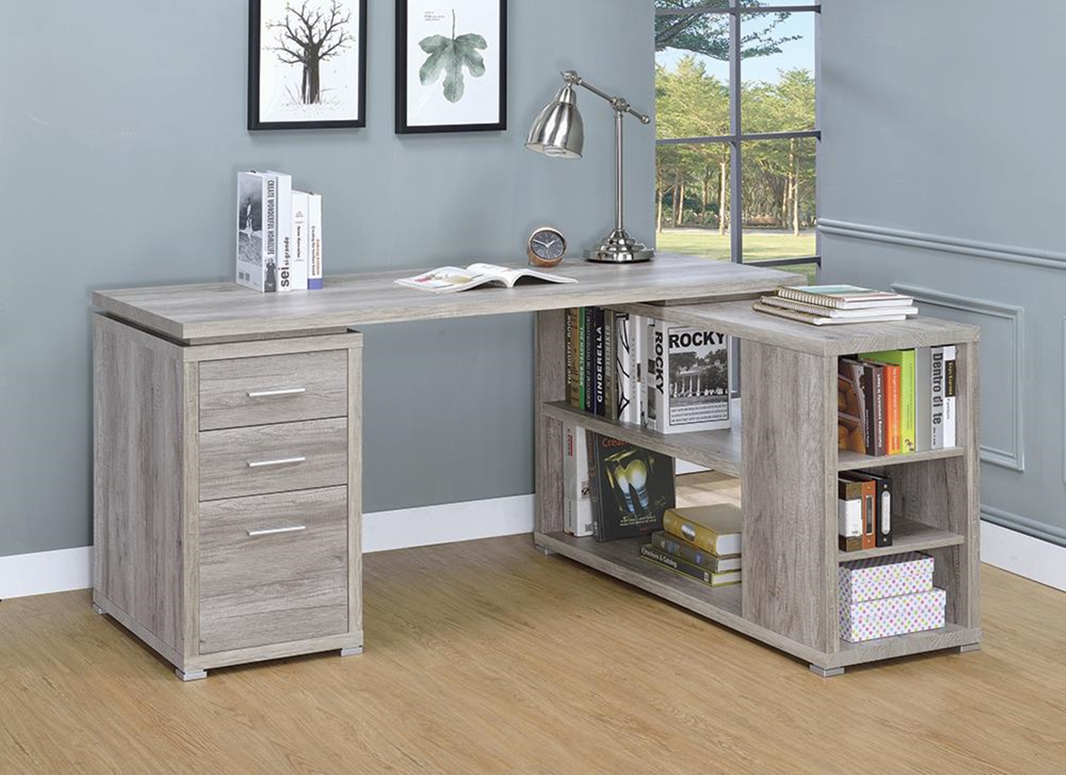 Yvette Grey Driftwood L-Shaped Office Desk - Click Image to Close