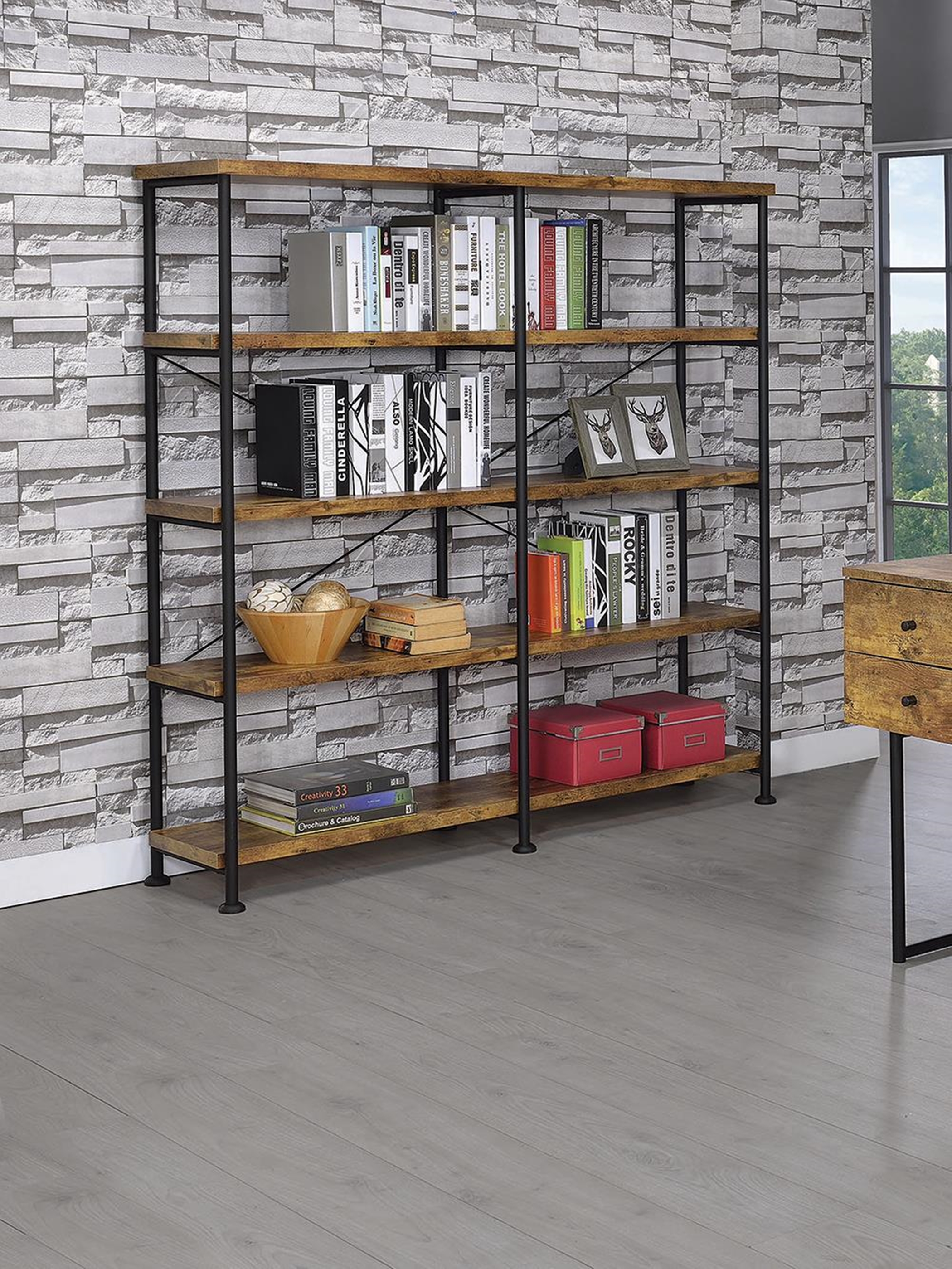 Barritt Industrial Antique Nutmeg Double-Wide Bookcase - Click Image to Close