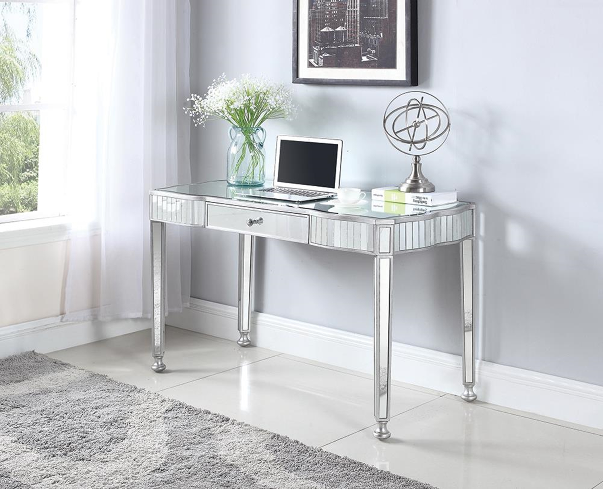 Contemporary Silver Mirrored Writing Desk - Click Image to Close