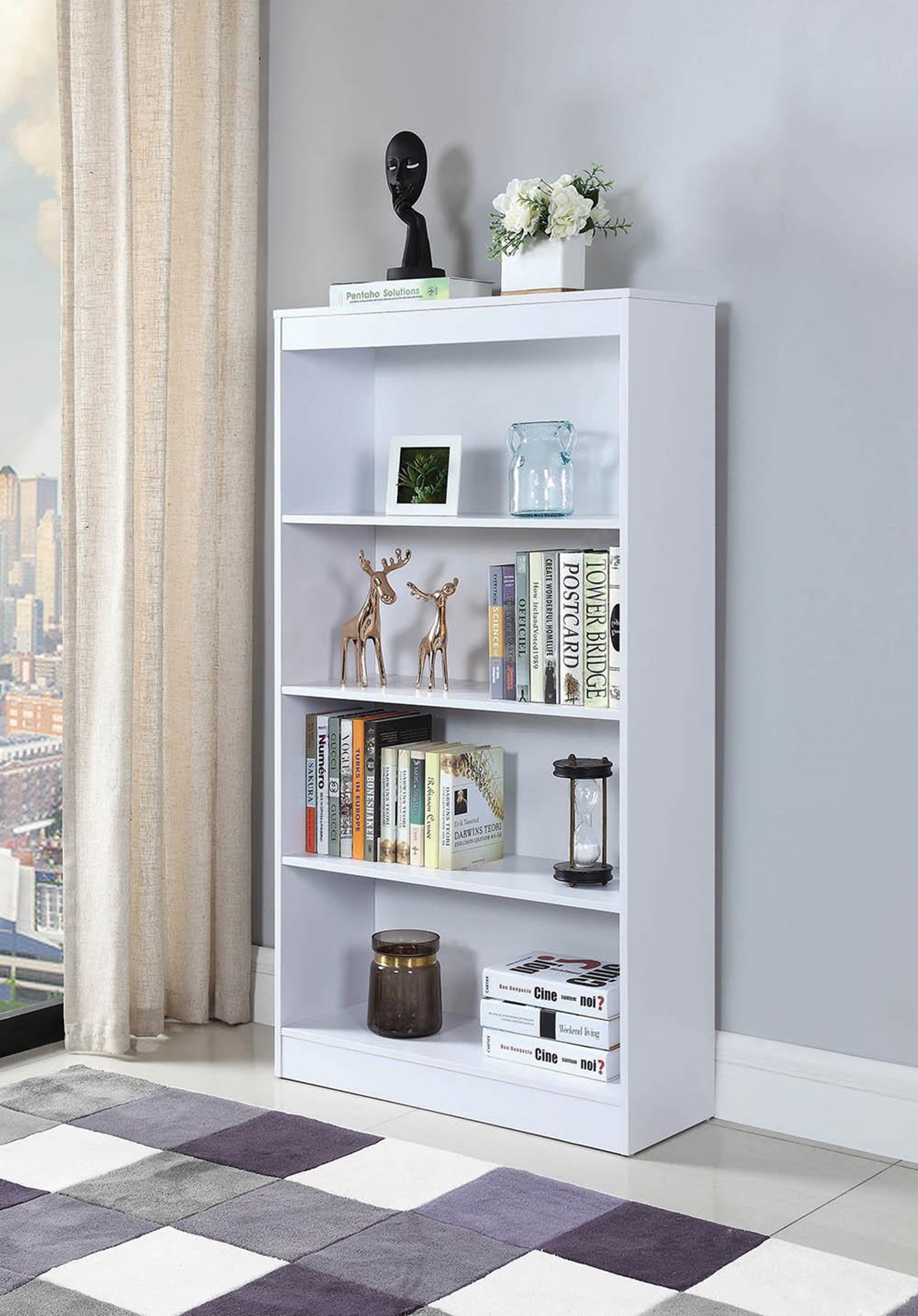 Transitional White Four-Shelf Bookcase - Click Image to Close