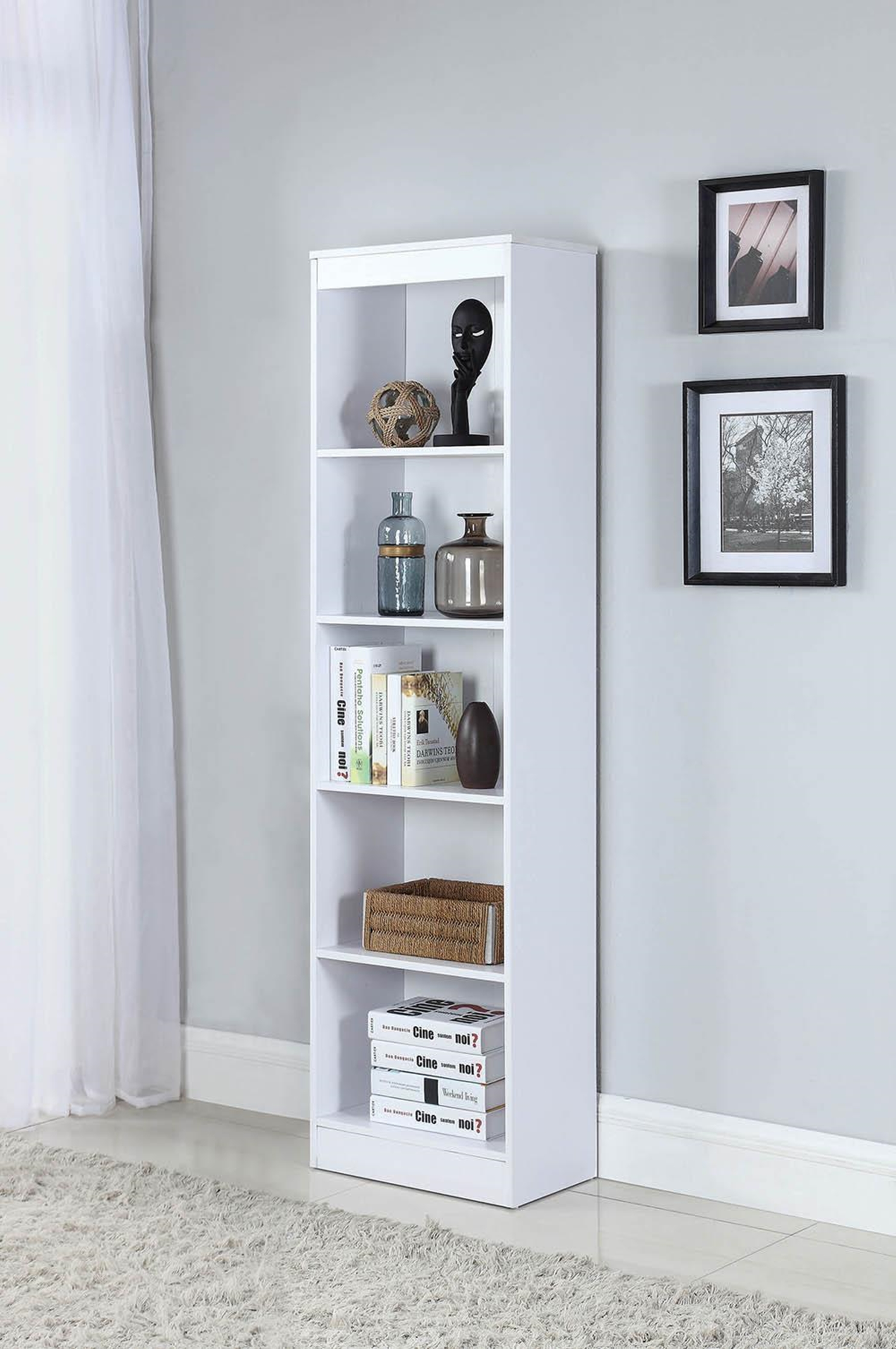 Transitional White Five-Shelf Narrow Bookcase - Click Image to Close