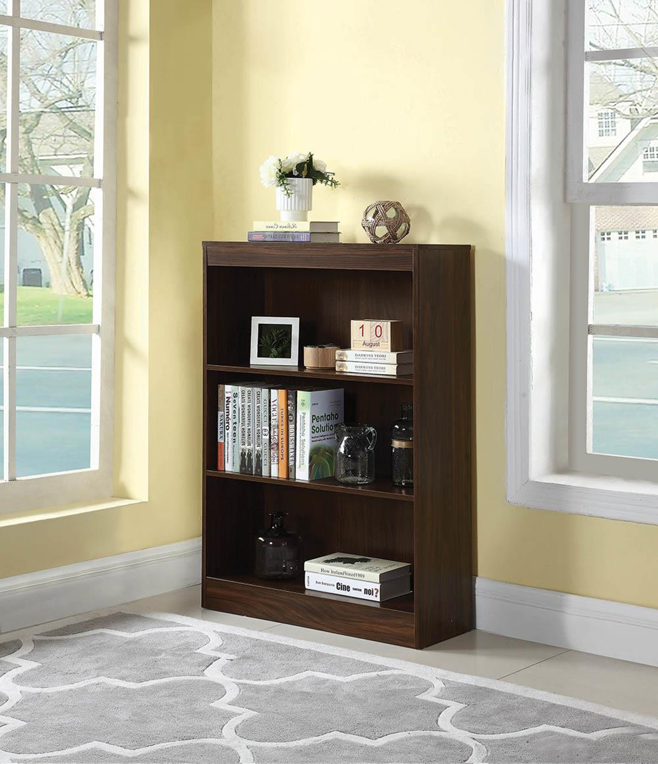 Transitional Dark Walnut Three-Shelf Bookcase - Click Image to Close