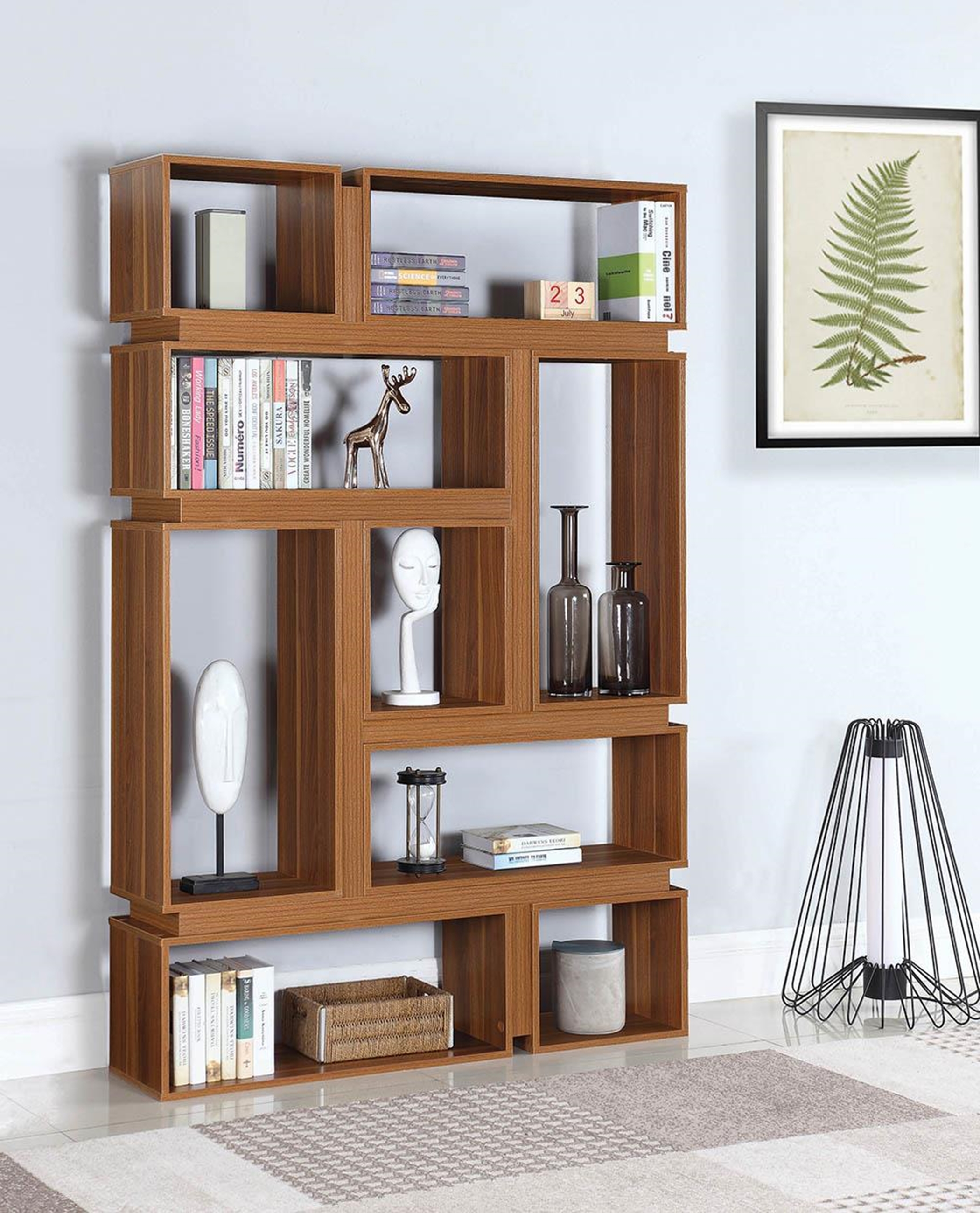 Modern Light Walnut Geometric Bookcase - Click Image to Close