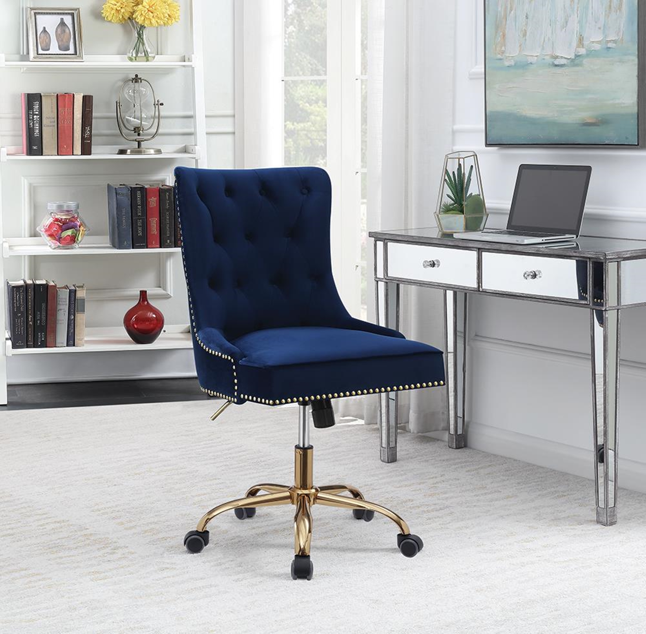 Modern Blue Velvet Office Chair - Click Image to Close
