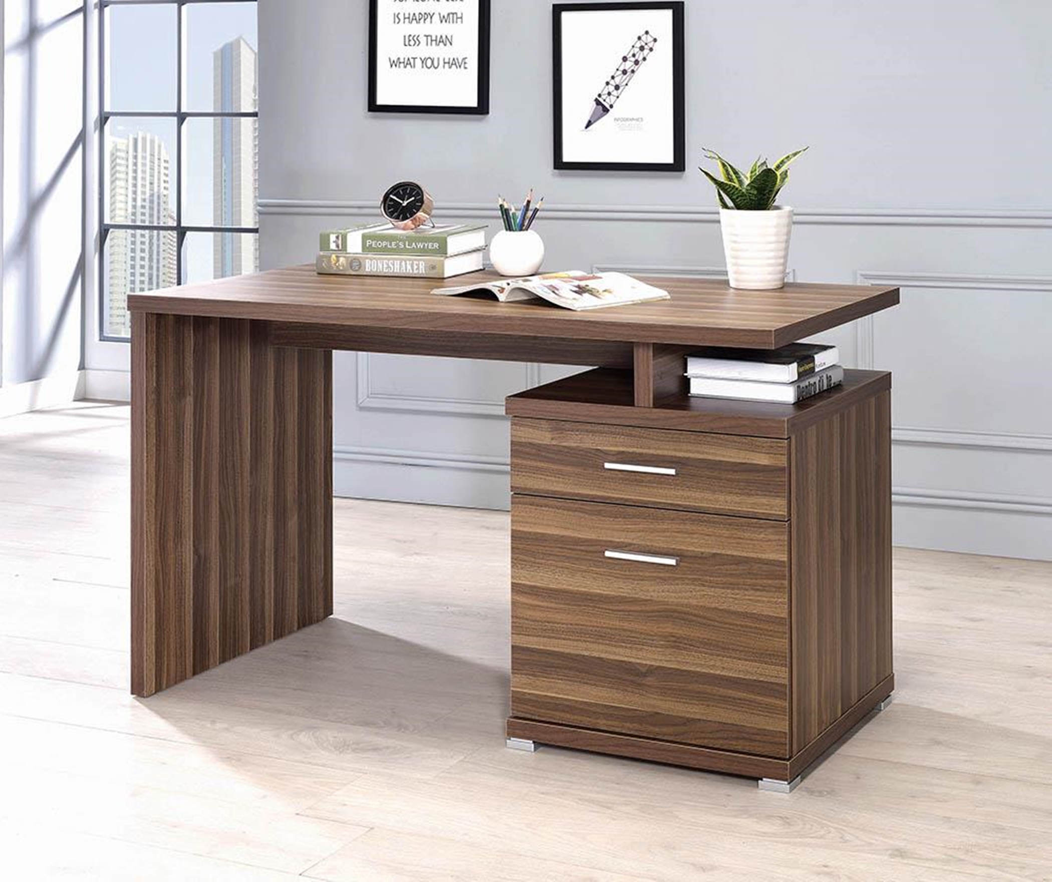 Contemporary Walnut Office Desk With Cabinet - Click Image to Close