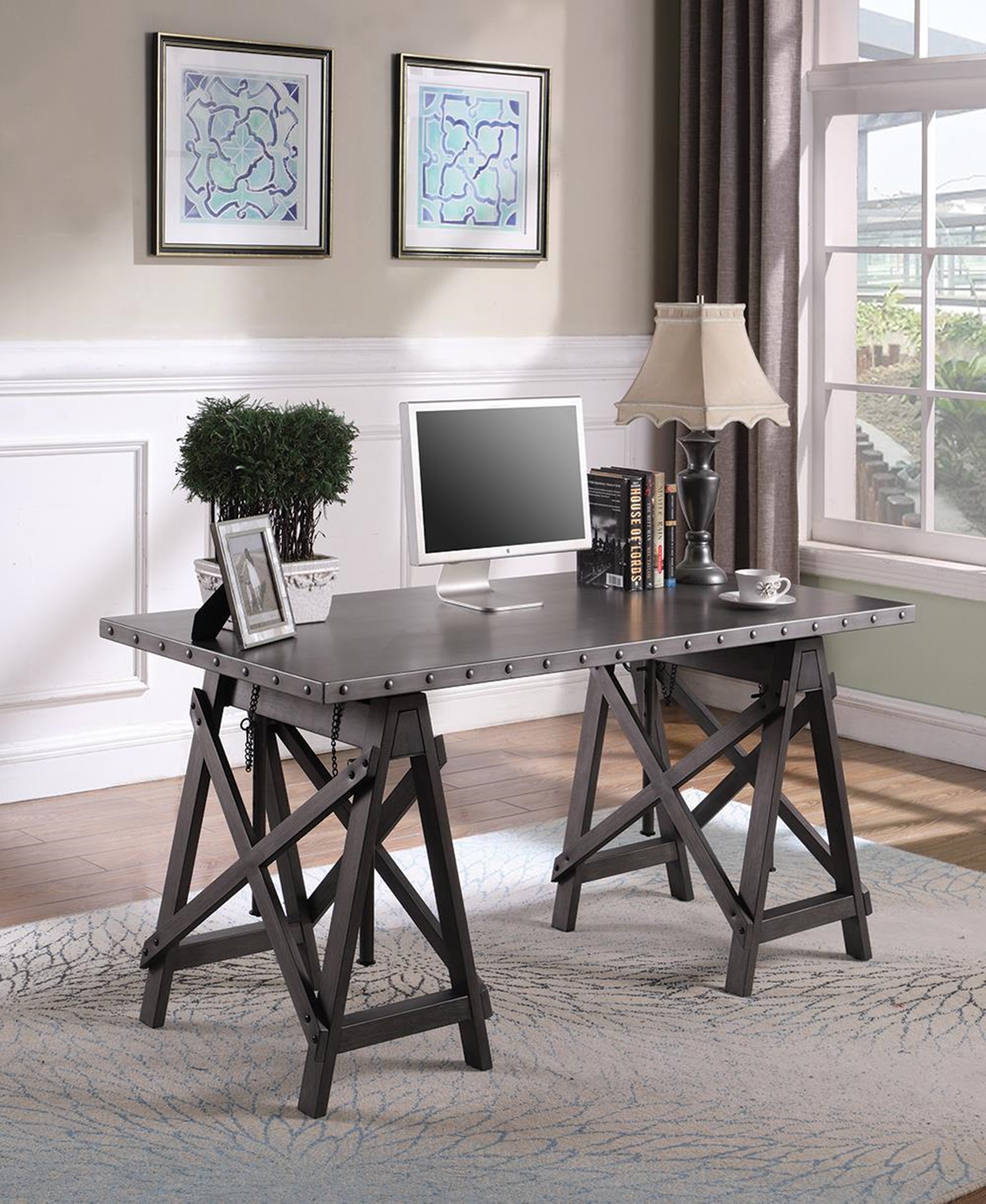 Industrial Galvanized Grey Adjustable Desk - Click Image to Close