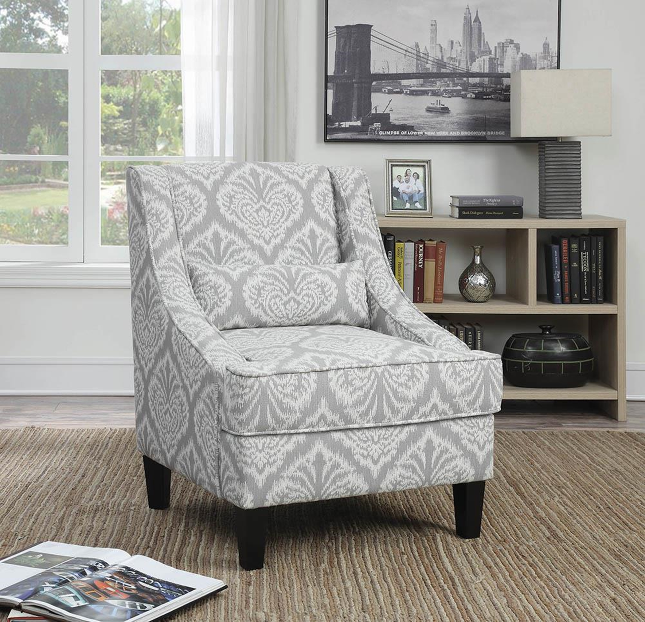 Light Grey and White Jacquard Accent Chair - Click Image to Close