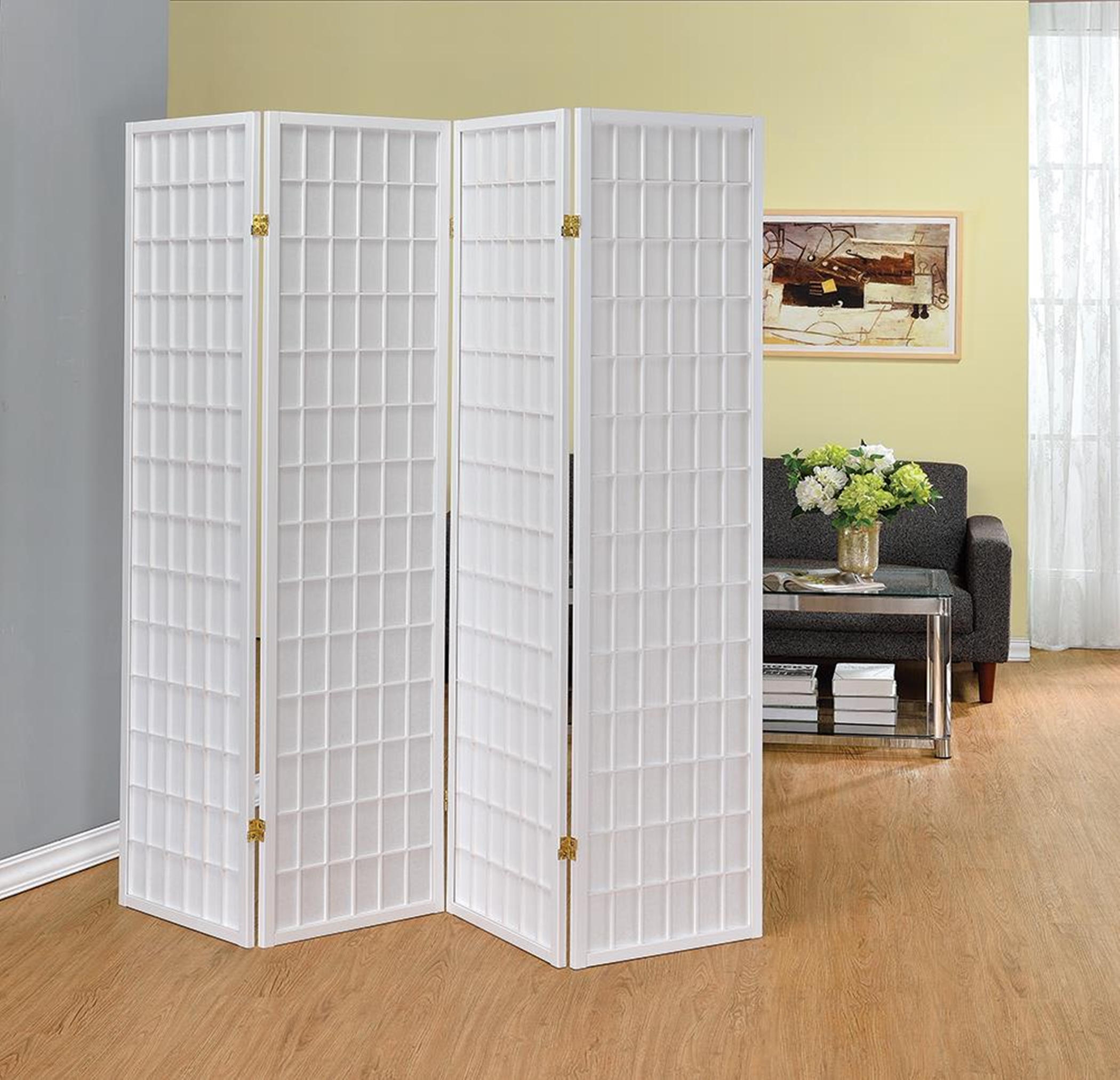 White Four Panel Folding Screen - Click Image to Close