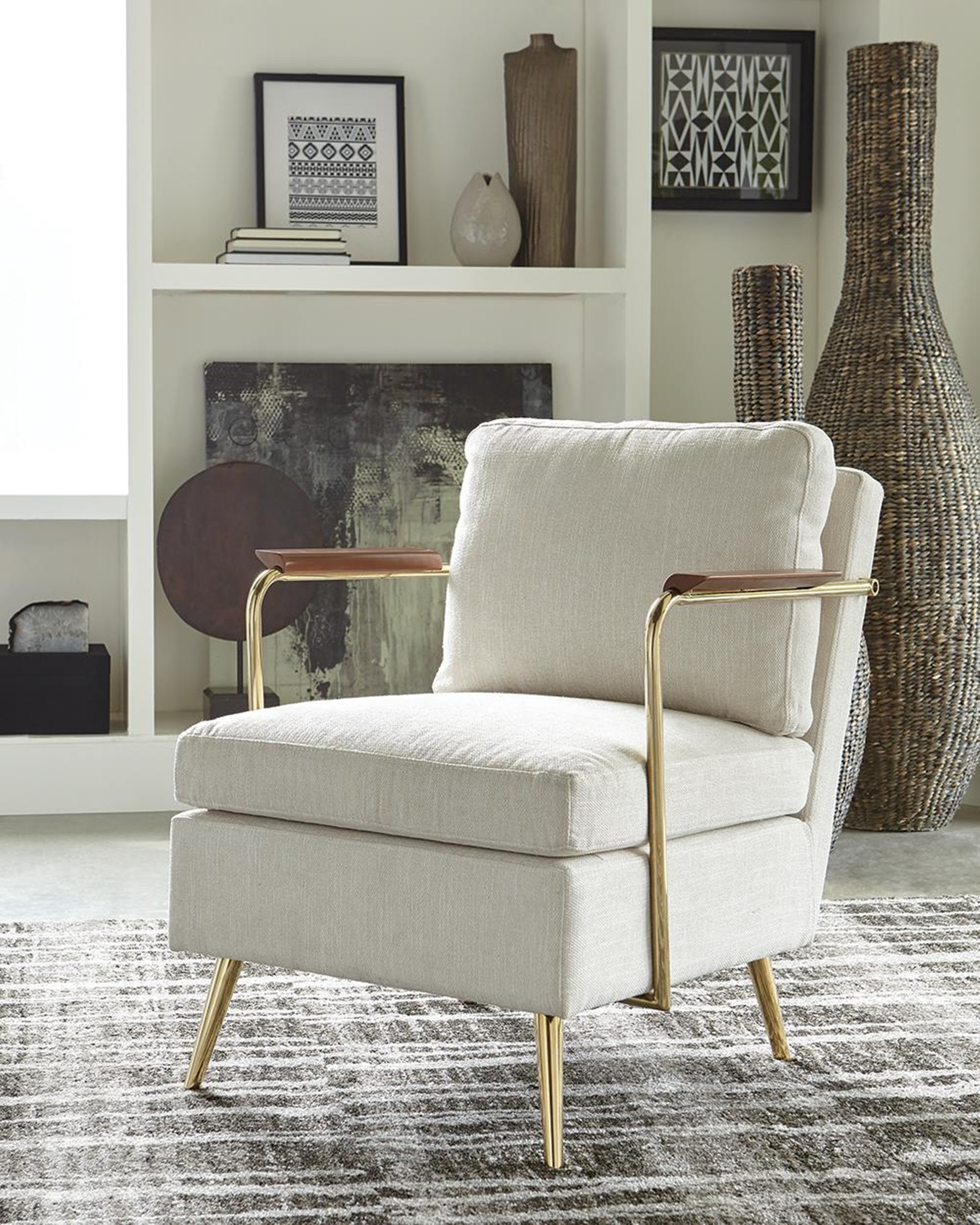 Modern Beige and Brass Accent Chair - Click Image to Close