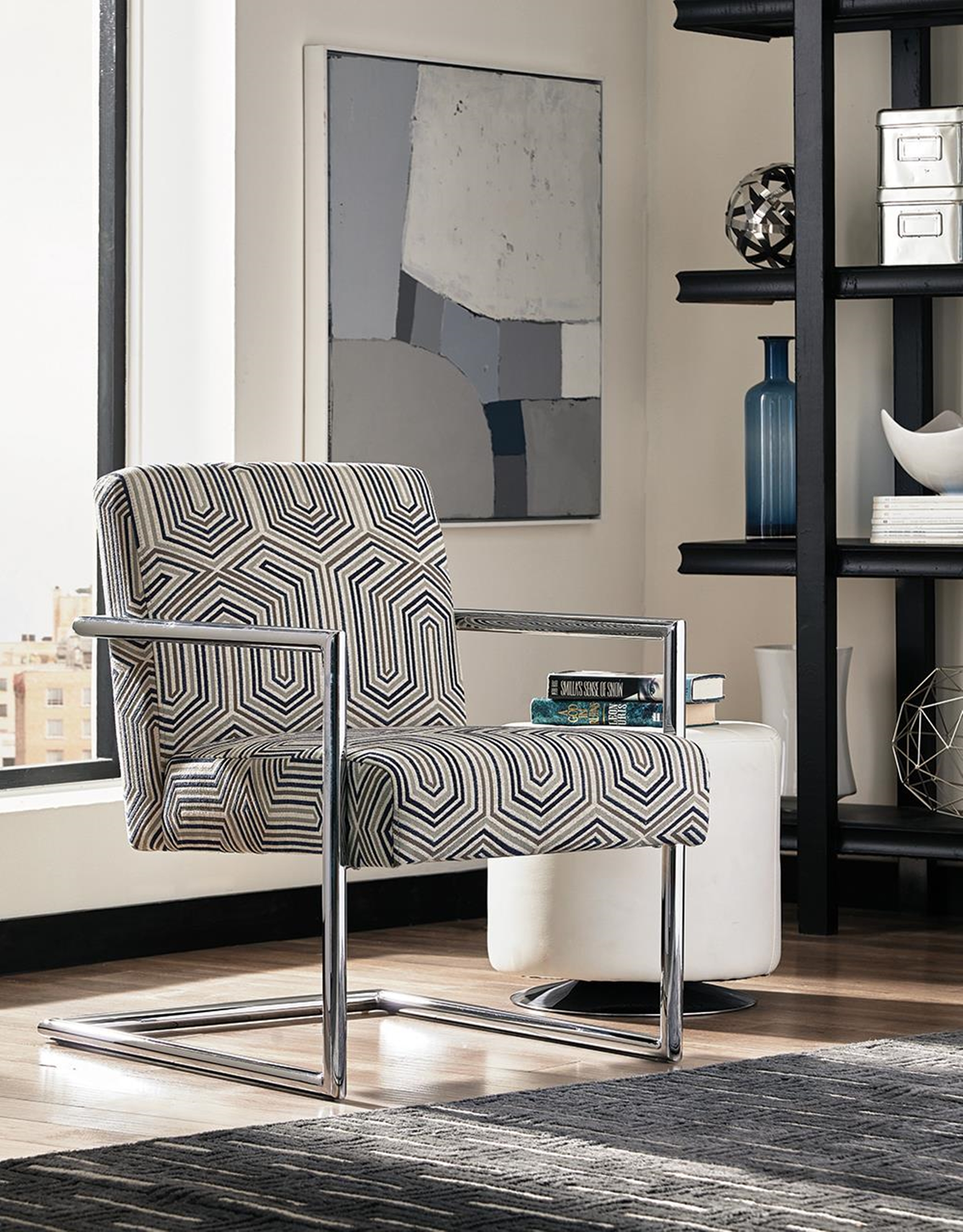 Modern Blue-Tone and Chrome Accent Chair - Click Image to Close
