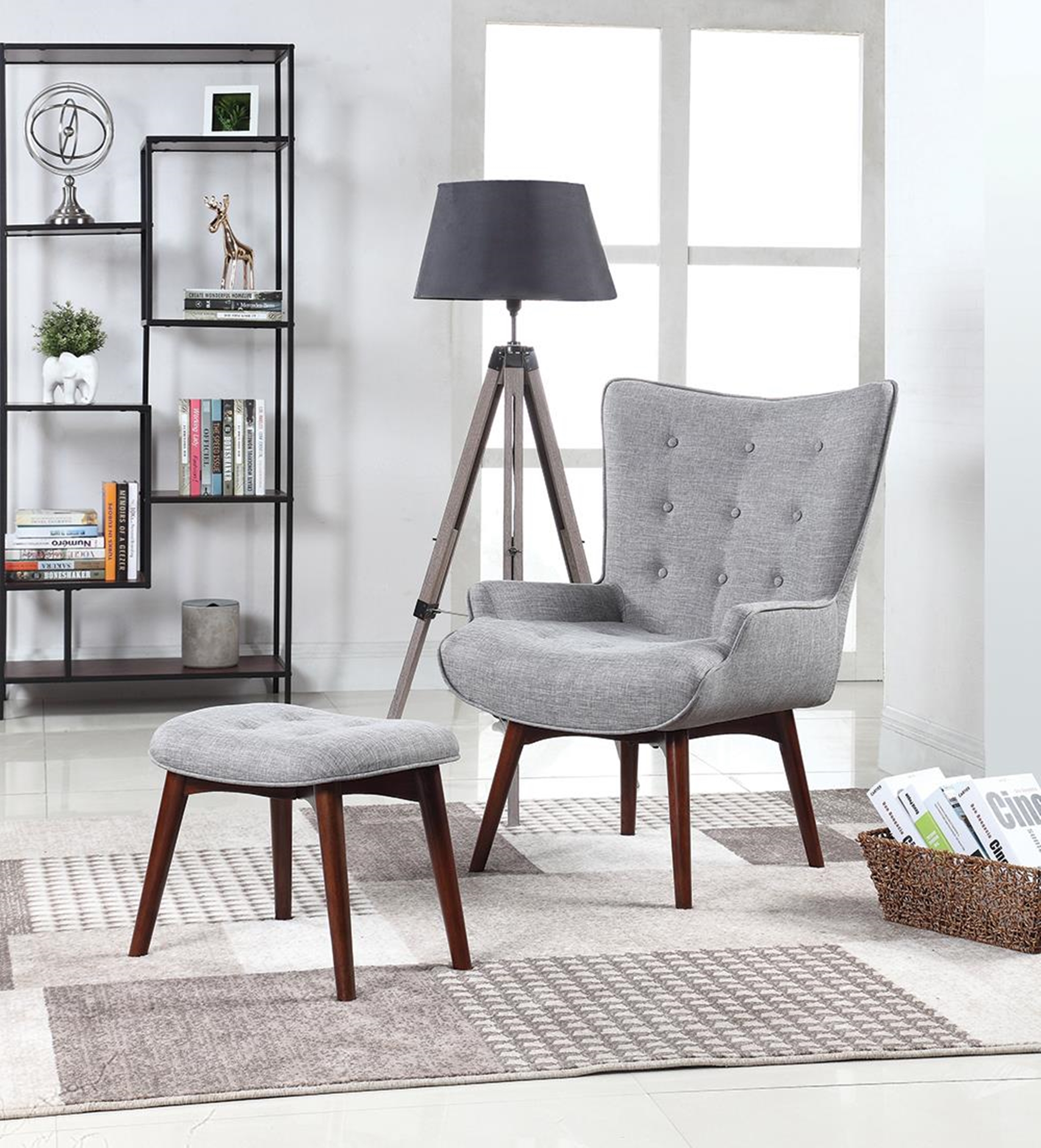 Mid-Century Modern Grey Accent Chair and Ottoman - Click Image to Close