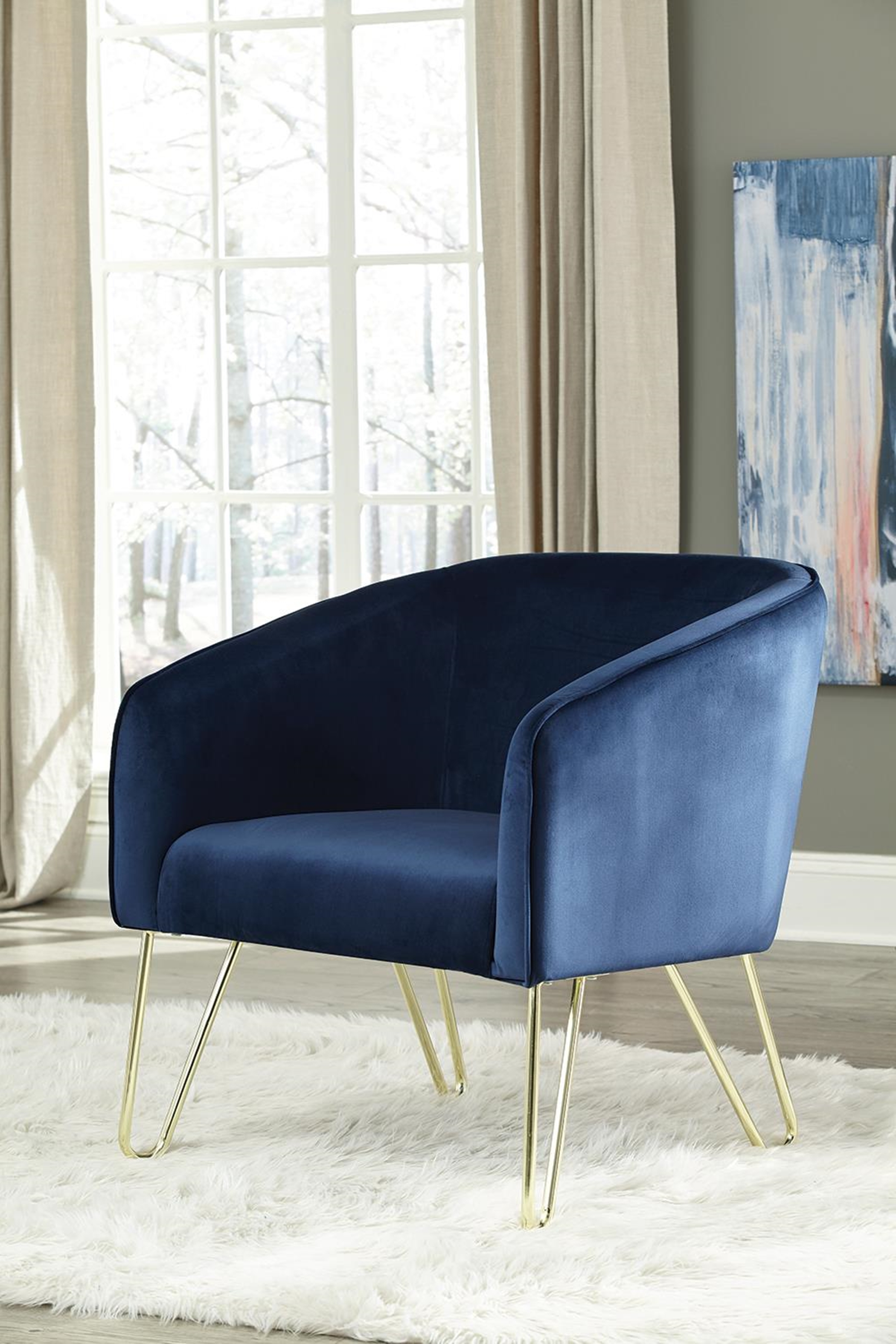 Modern Blue and Brass Accent Chair - Click Image to Close