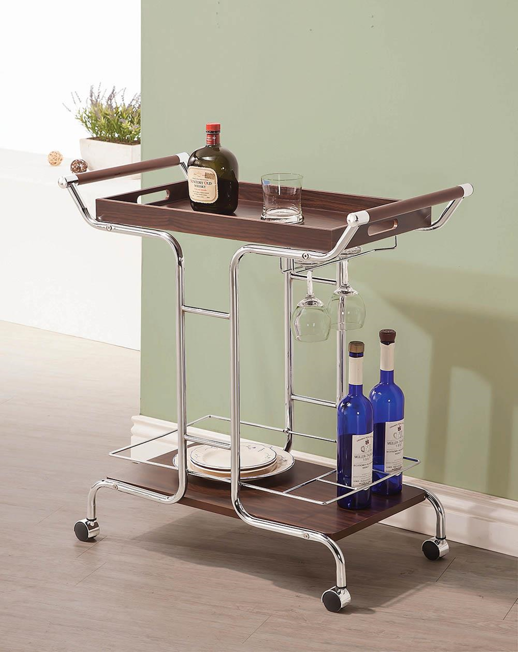 Transitional Walnut and Chrome Serving Cart - Click Image to Close
