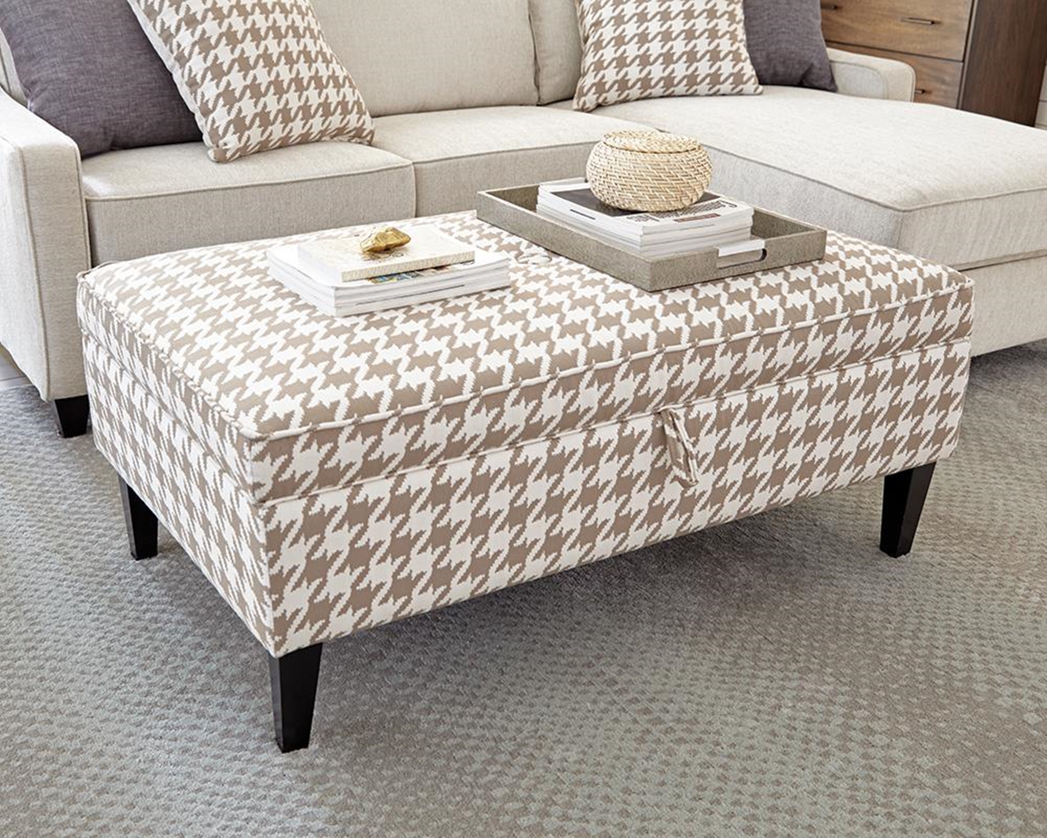 Transitional Beige and White Ottoman - Click Image to Close