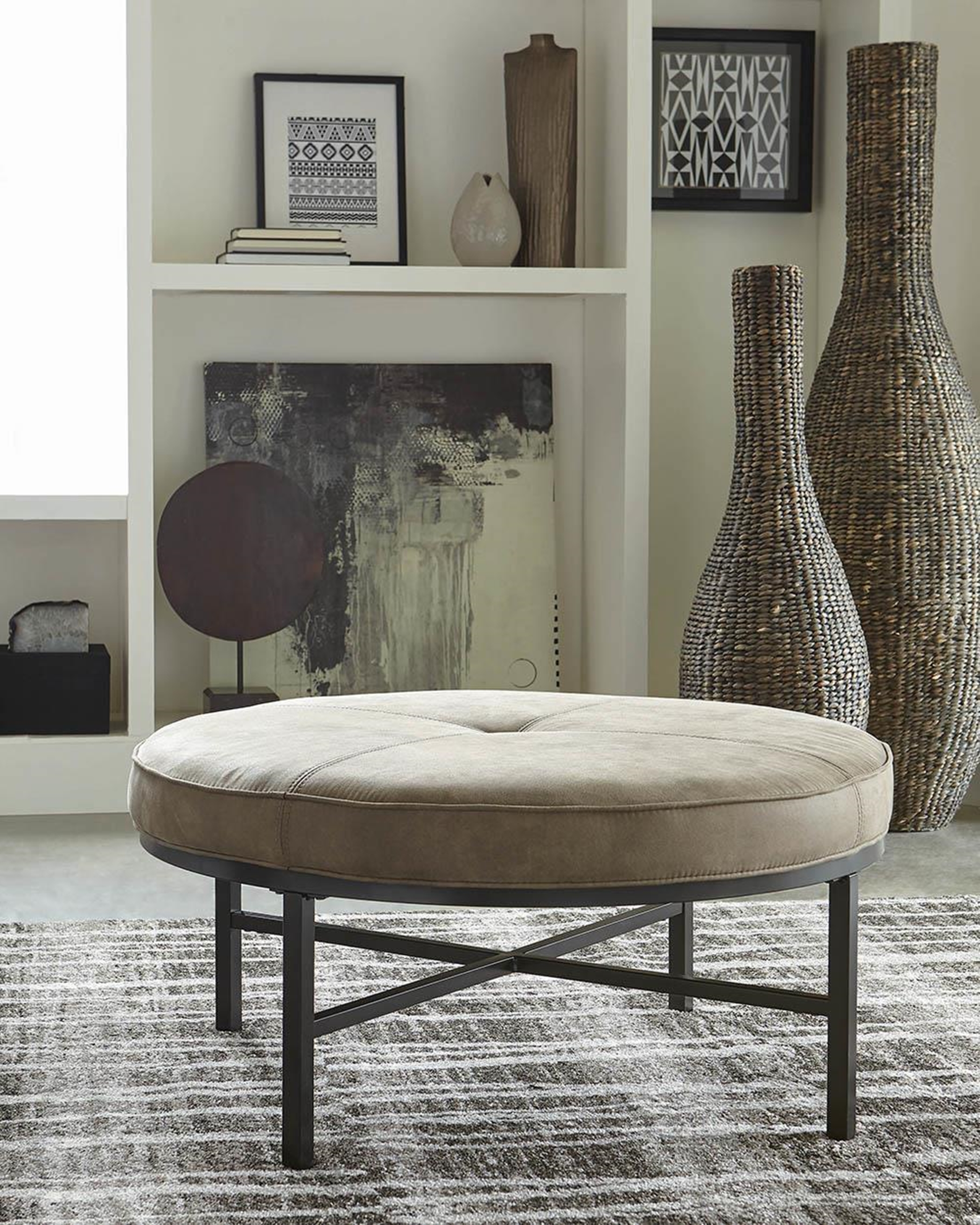 Industrial Brown Upholstered Ottoman - Click Image to Close