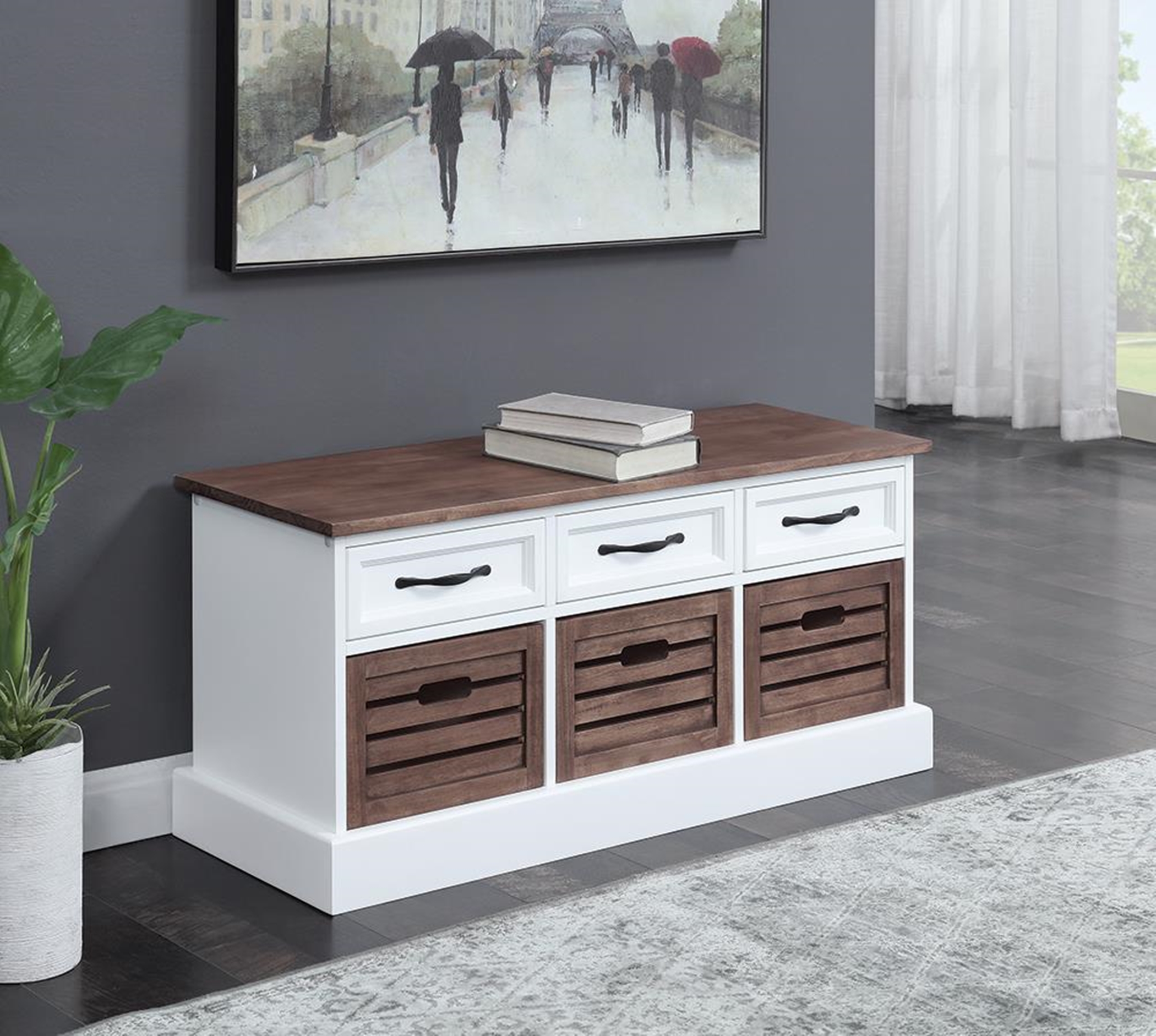 Weathered Brown and White Storage Bench - Click Image to Close