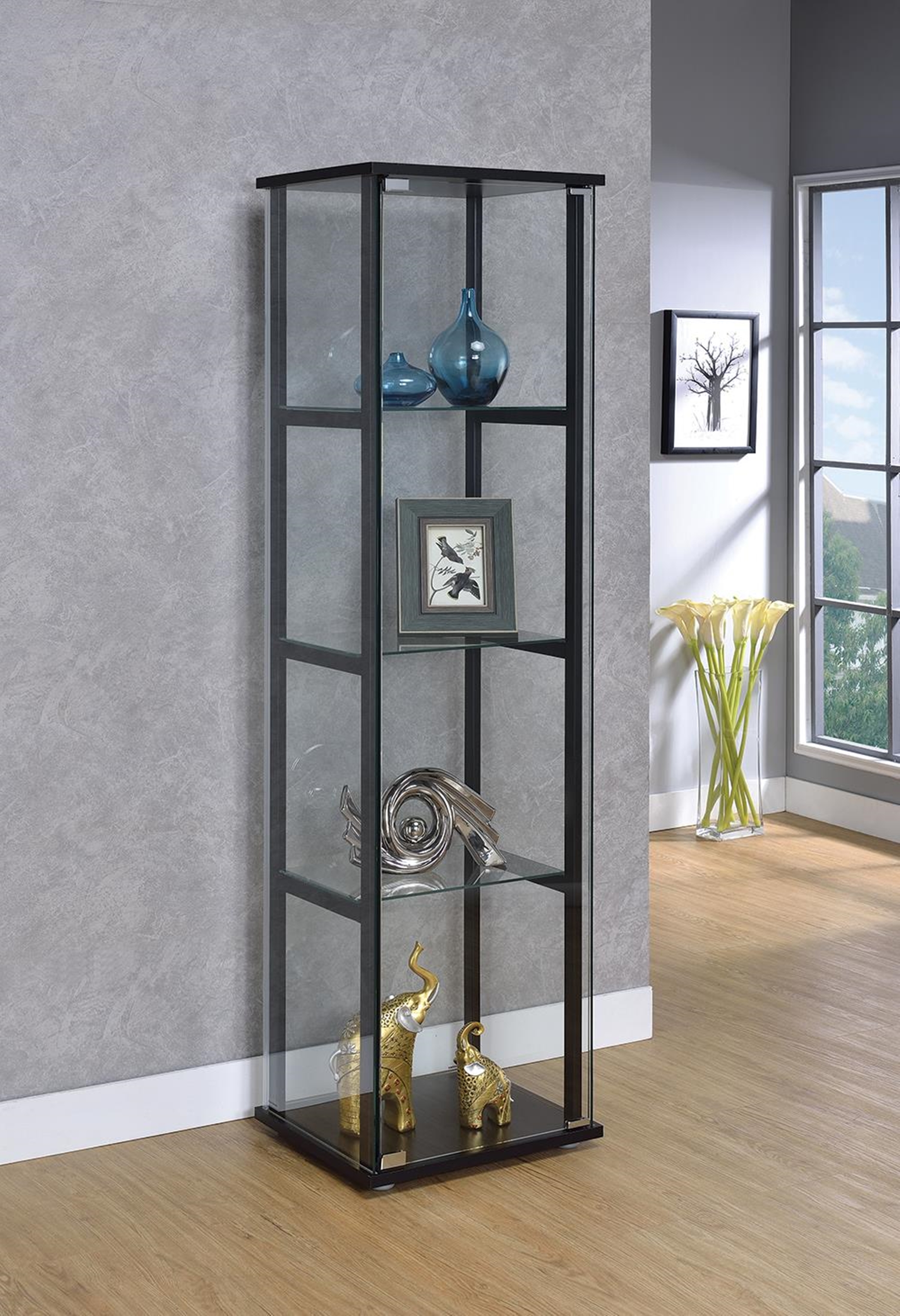 Contemporary Glass and Black Curio Cabinet - Click Image to Close
