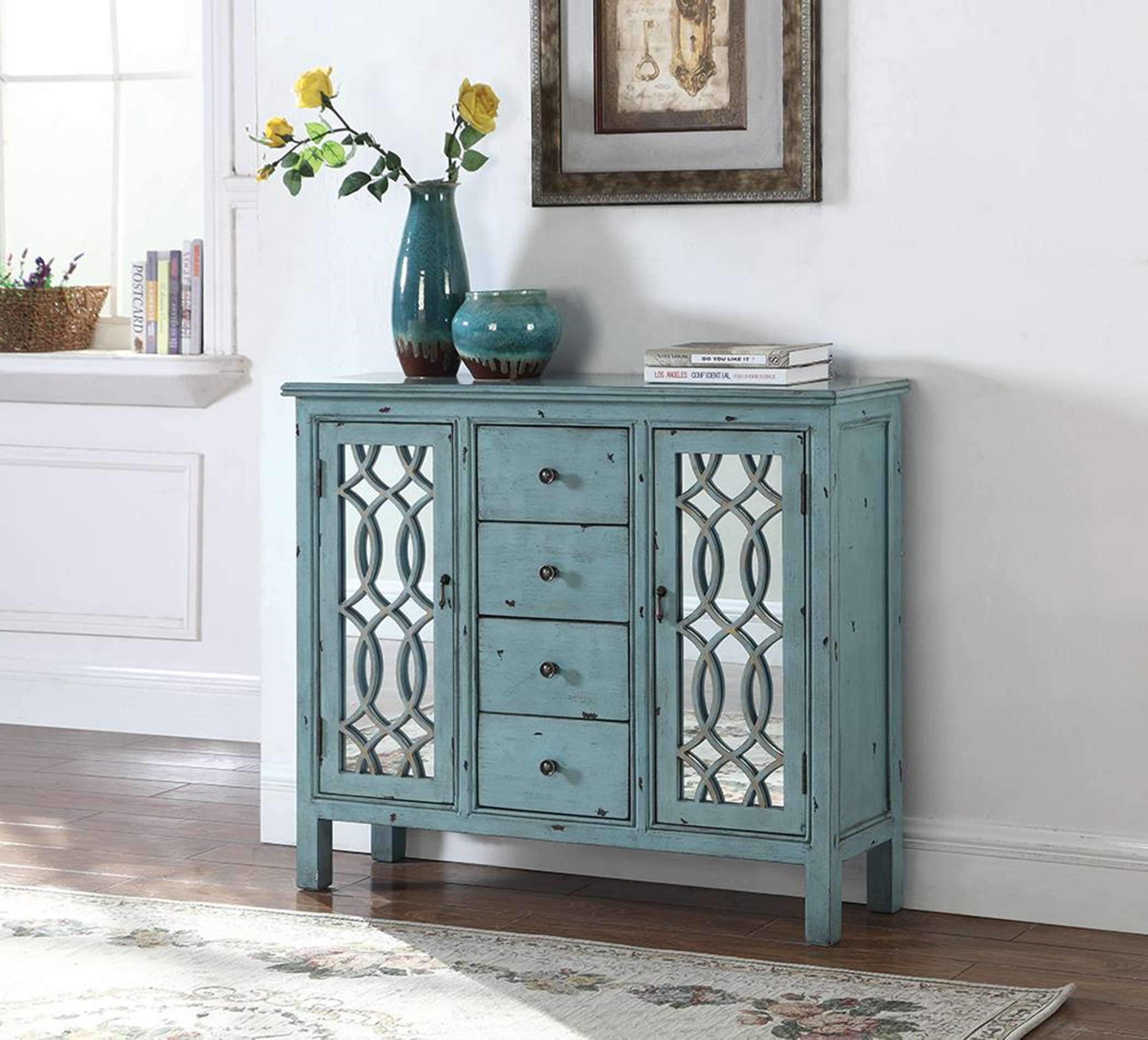 French Country Antique Blue Accent Cabinet - Click Image to Close