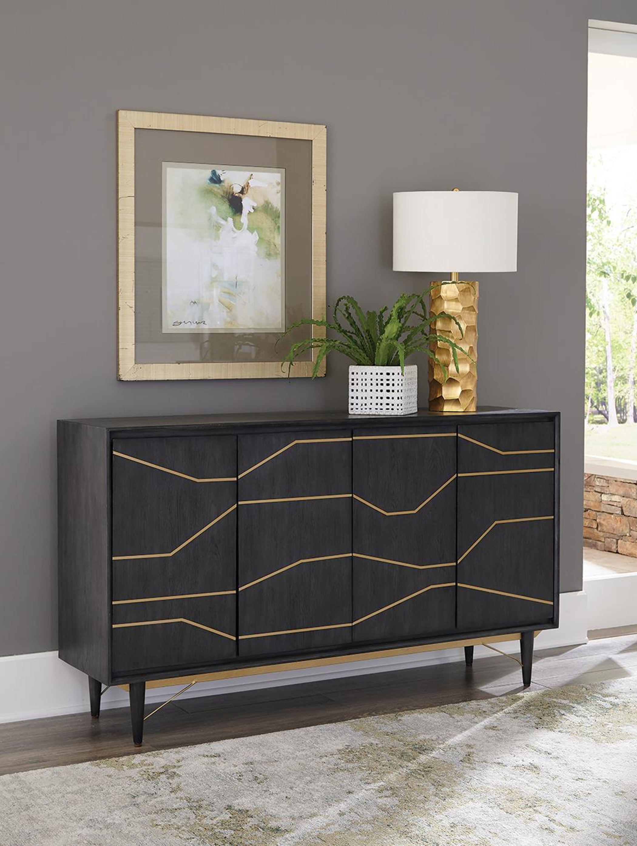 Modern Graphite and Brass Accent Cabinet - Click Image to Close