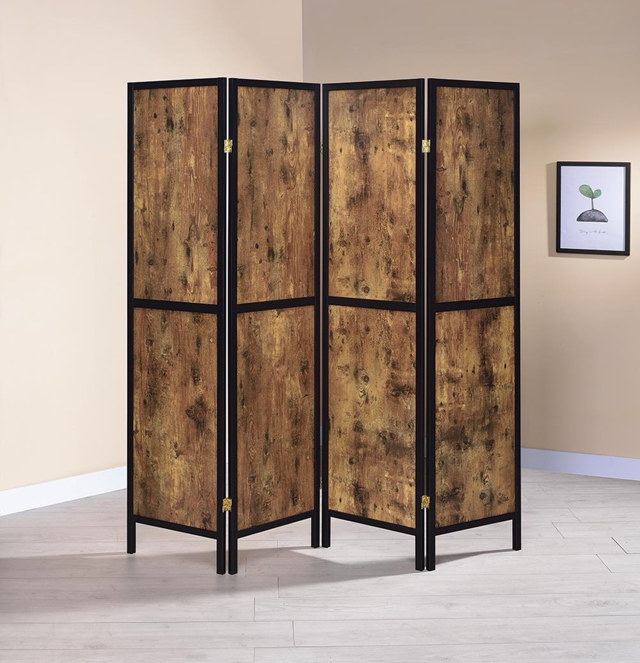 Industrial Antique Nutmeg Four-Panel Screen - Click Image to Close