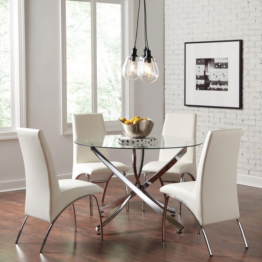 Beckham 5-piece Round Glass Top Dining Set Chrome and White (image for) Beckham 5-piece Round Glass Top Dining Set Chrome and White
