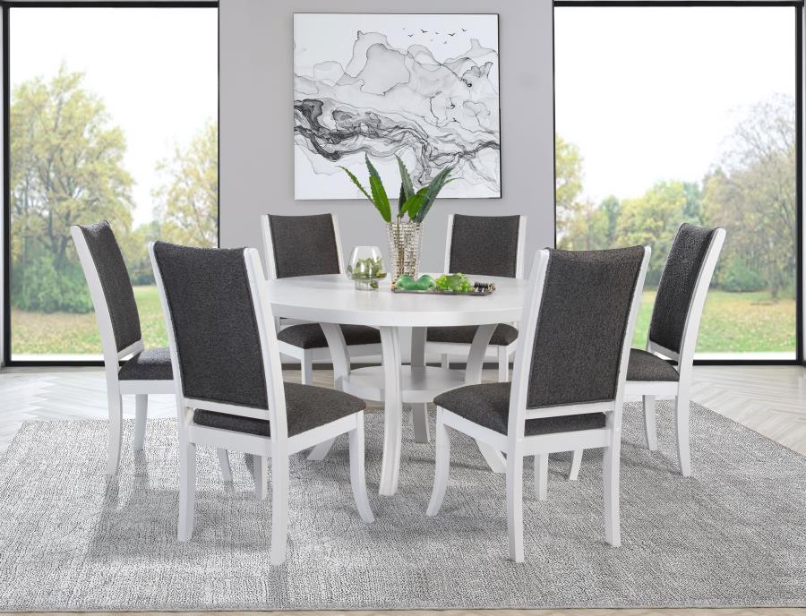 Judd 7-piece 54-inch Round Wood Dining Table Set Pearl White (image for) Judd 7-piece 54-inch Round Wood Dining Table Set Pearl White