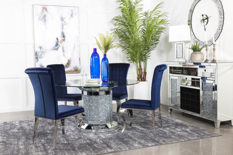 Ellie 5-piece Mirrored Pedestal Dining Table Set Ink Blue (image for) Ellie 5-piece Mirrored Pedestal Dining Table Set Ink Blue