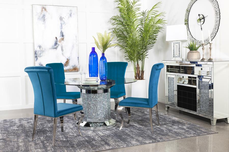 Ellie 5-piece Mirrored Pedestal Dining Table Set Teal (image for) Ellie 5-piece Mirrored Pedestal Dining Table Set Teal