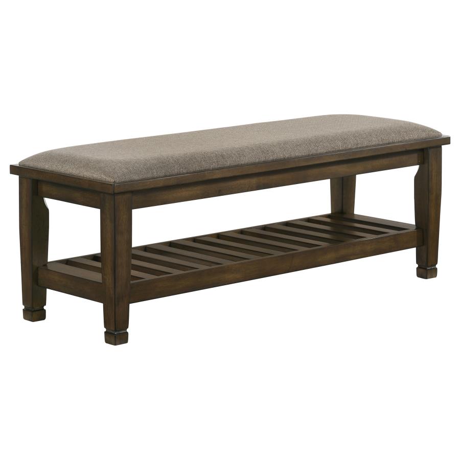 Franco Fabric Upholstered Bench with Shelf Burnished Oak (image for) Franco Fabric Upholstered Bench with Shelf Burnished Oak