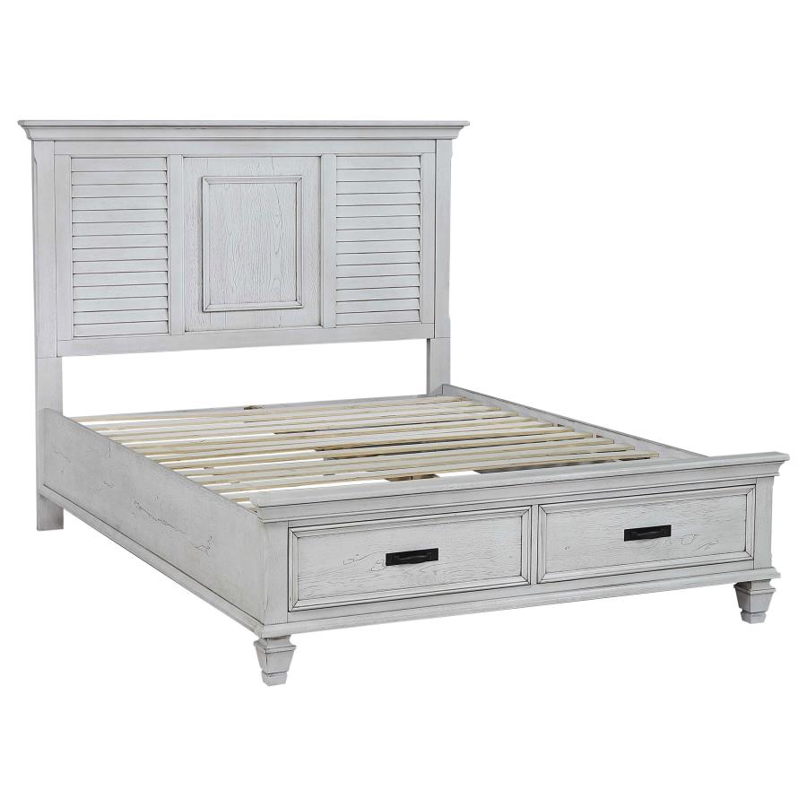 Franco Wood Queen Storage Panel Bed Distressed White (image for) Franco Wood Queen Storage Panel Bed Distressed White