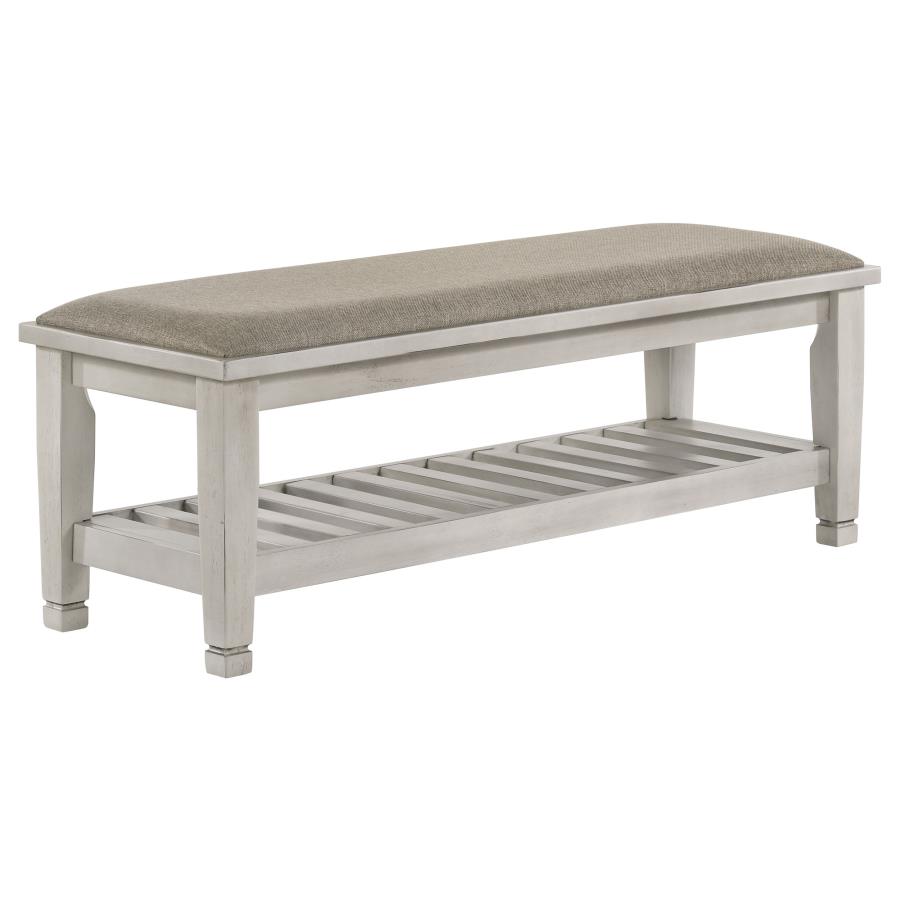 Franco Fabric Upholstered Bench with Shelf Distressed White (image for) Franco Fabric Upholstered Bench with Shelf Distressed White