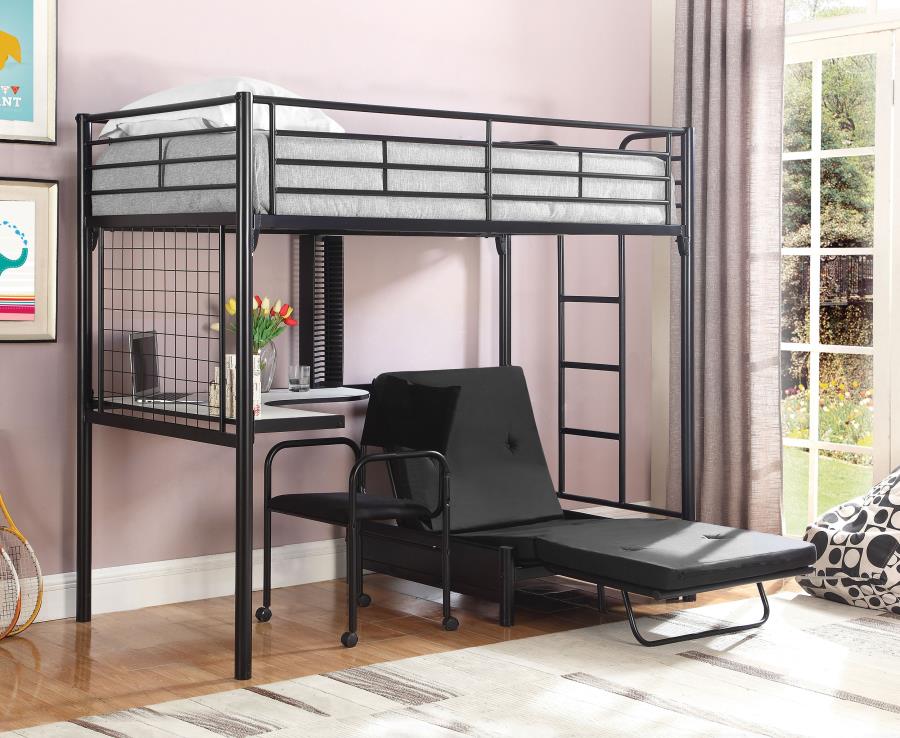 Jenner Twin Futon Workstation Loft Bed with Futon Pad Black (image for) Jenner Twin Futon Workstation Loft Bed with Futon Pad Black